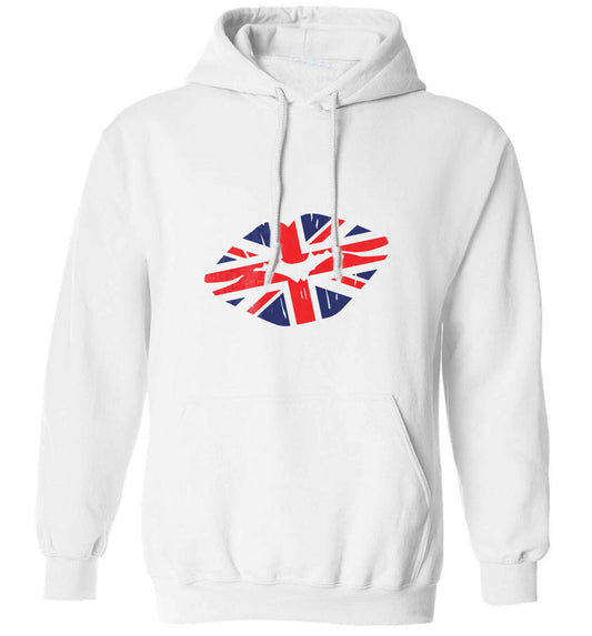 British flag kiss adults unisex white hoodie 2XL