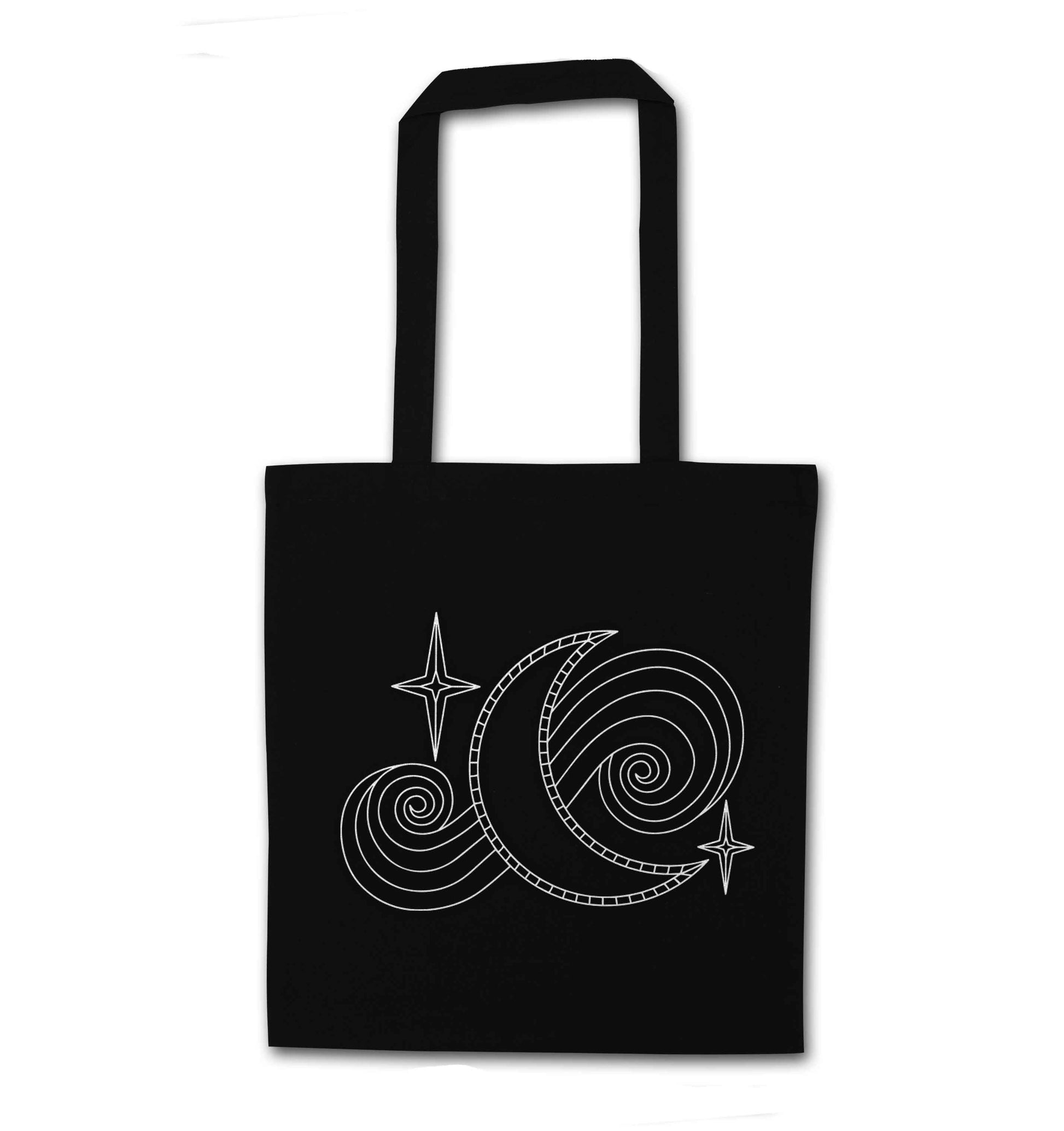 Moon and stars illustration black tote bag