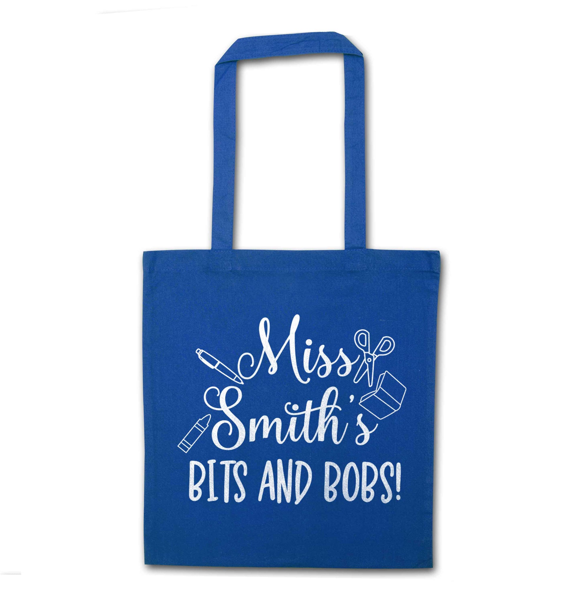 Miss personalised teachers bits and bobs blue tote bag