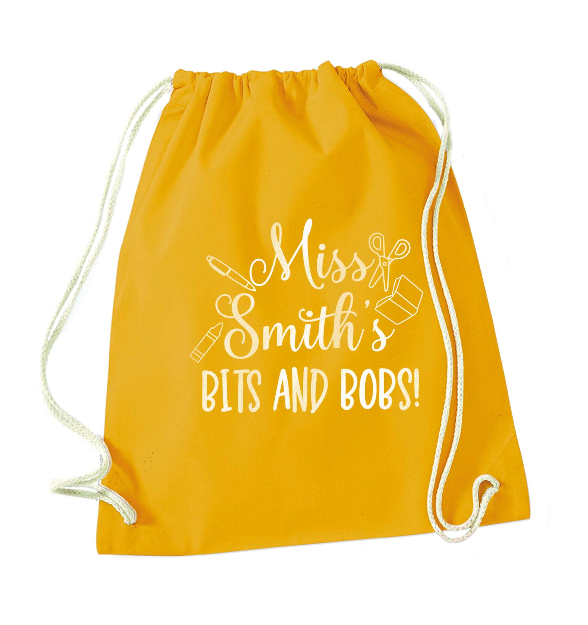 Miss personalised teachers bits and bobs mustard drawstring bag
