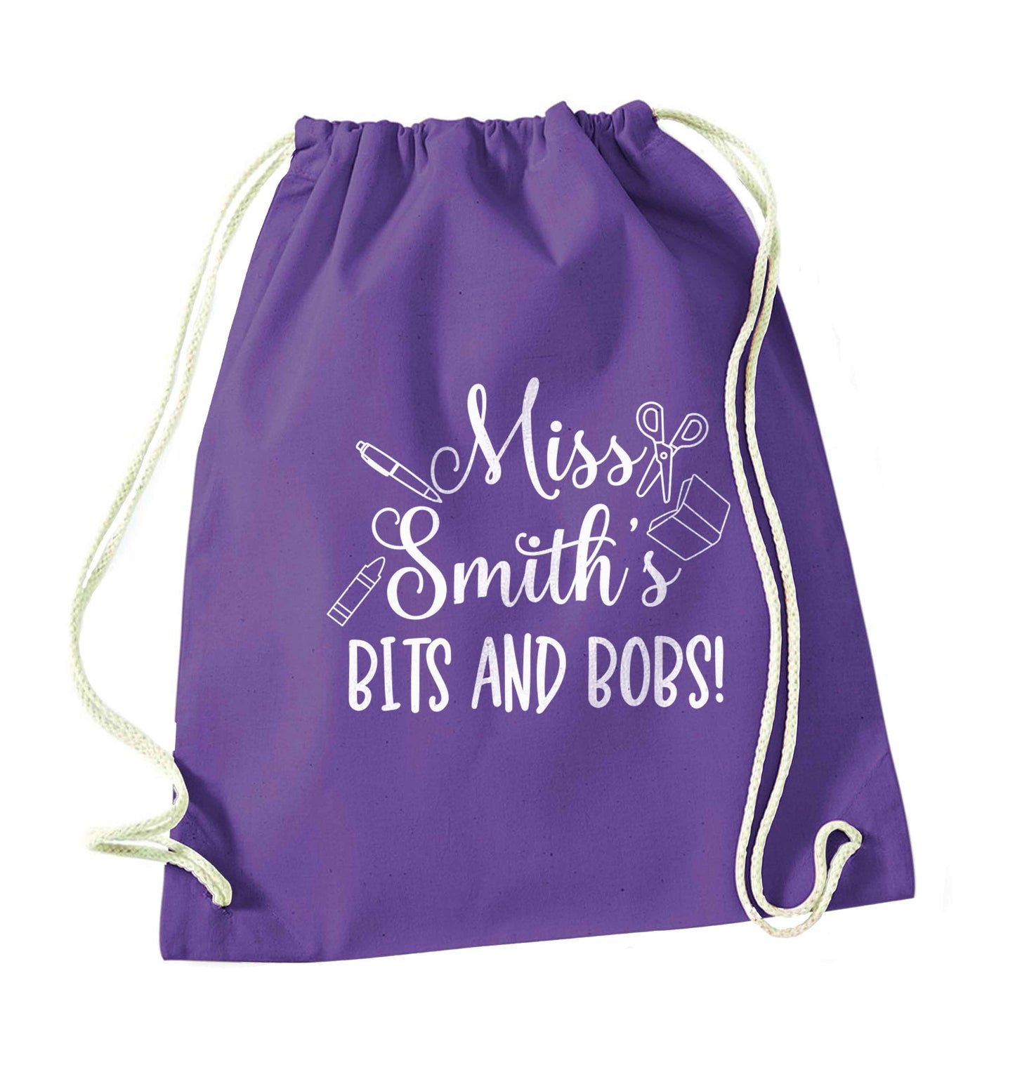 Miss personalised teachers bits and bobs purple drawstring bag
