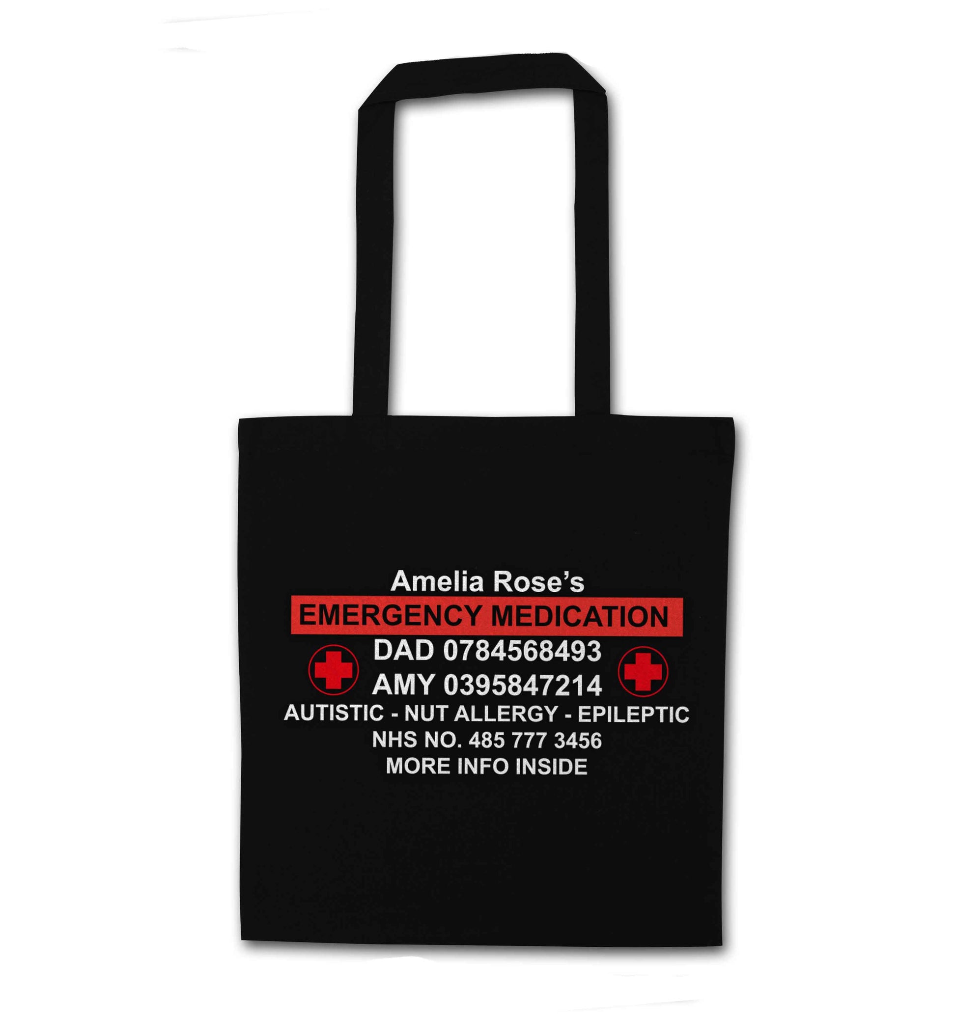 Personalised emergency medication bag black tote bag