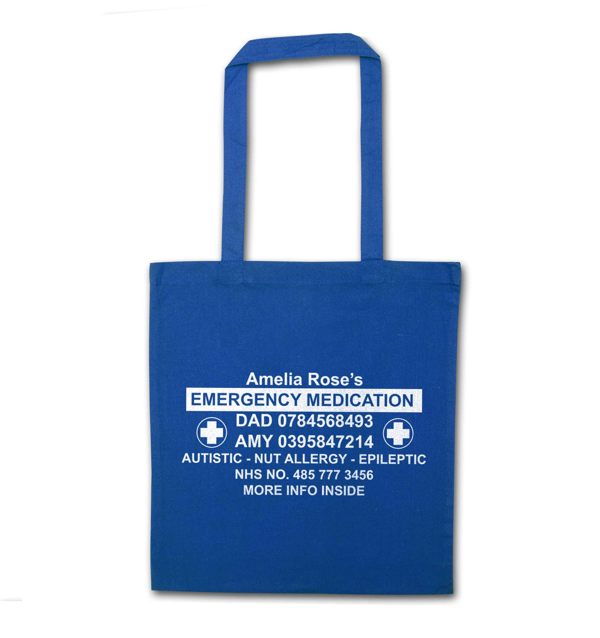 Personalised emergency medication bag blue tote bag