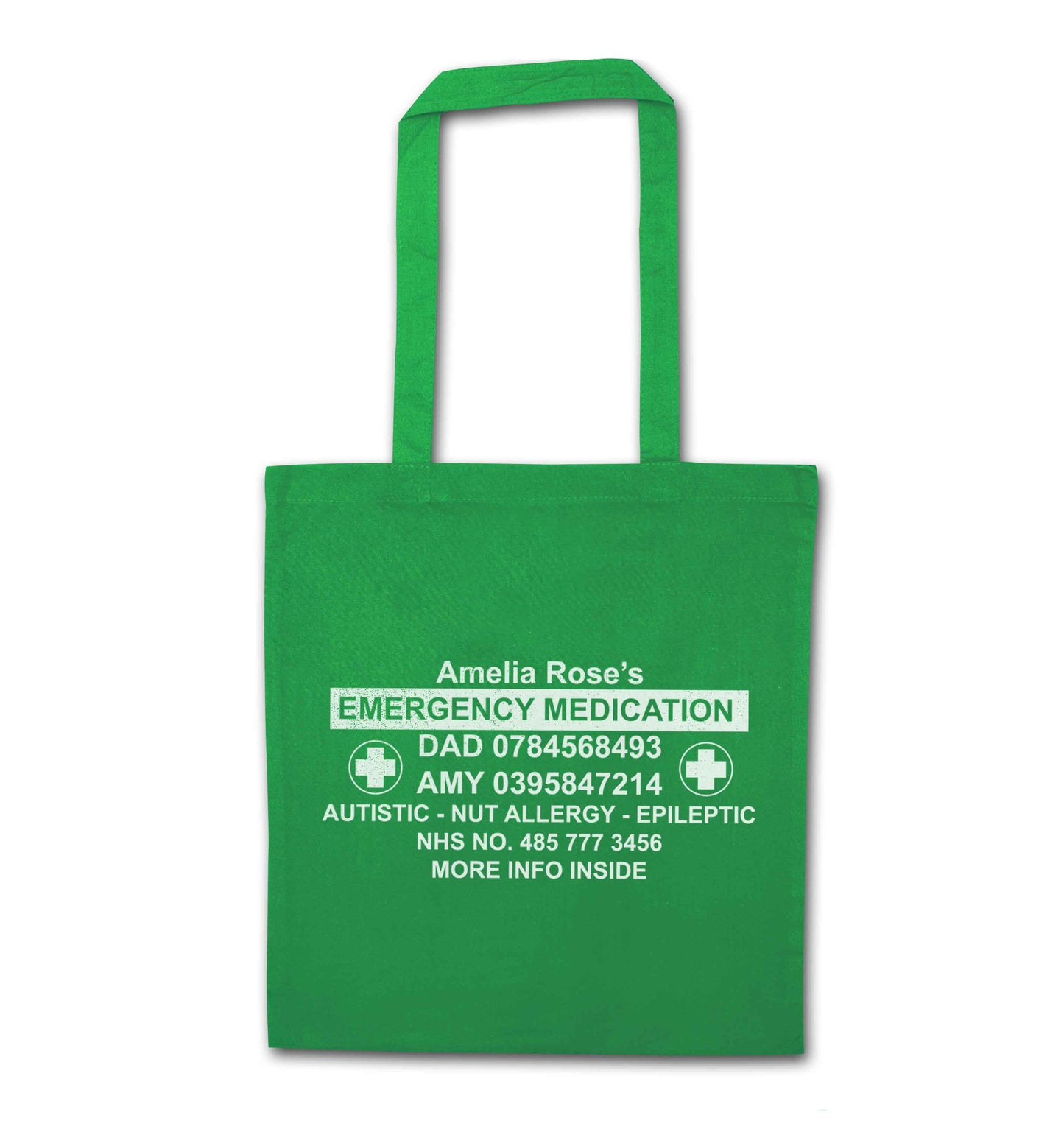 Personalised emergency medication bag green tote bag