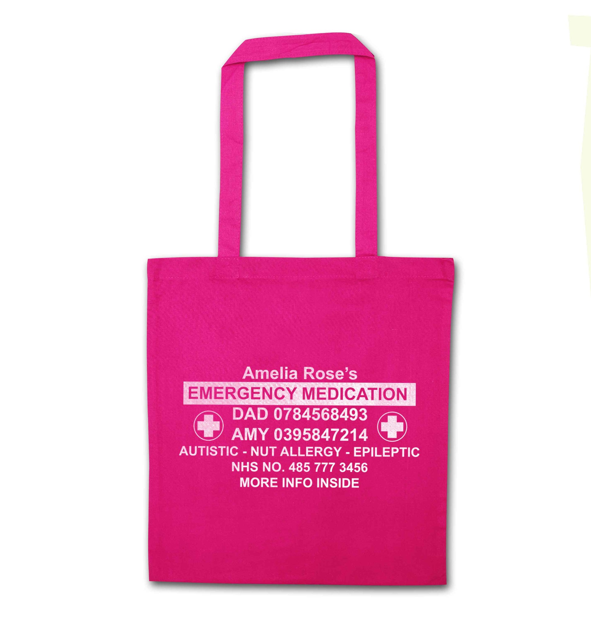 Personalised emergency medication bag pink tote bag