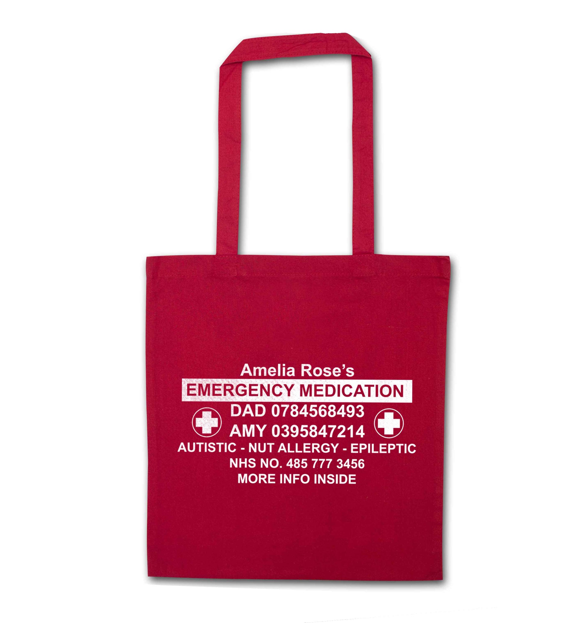 Personalised emergency medication bag red tote bag