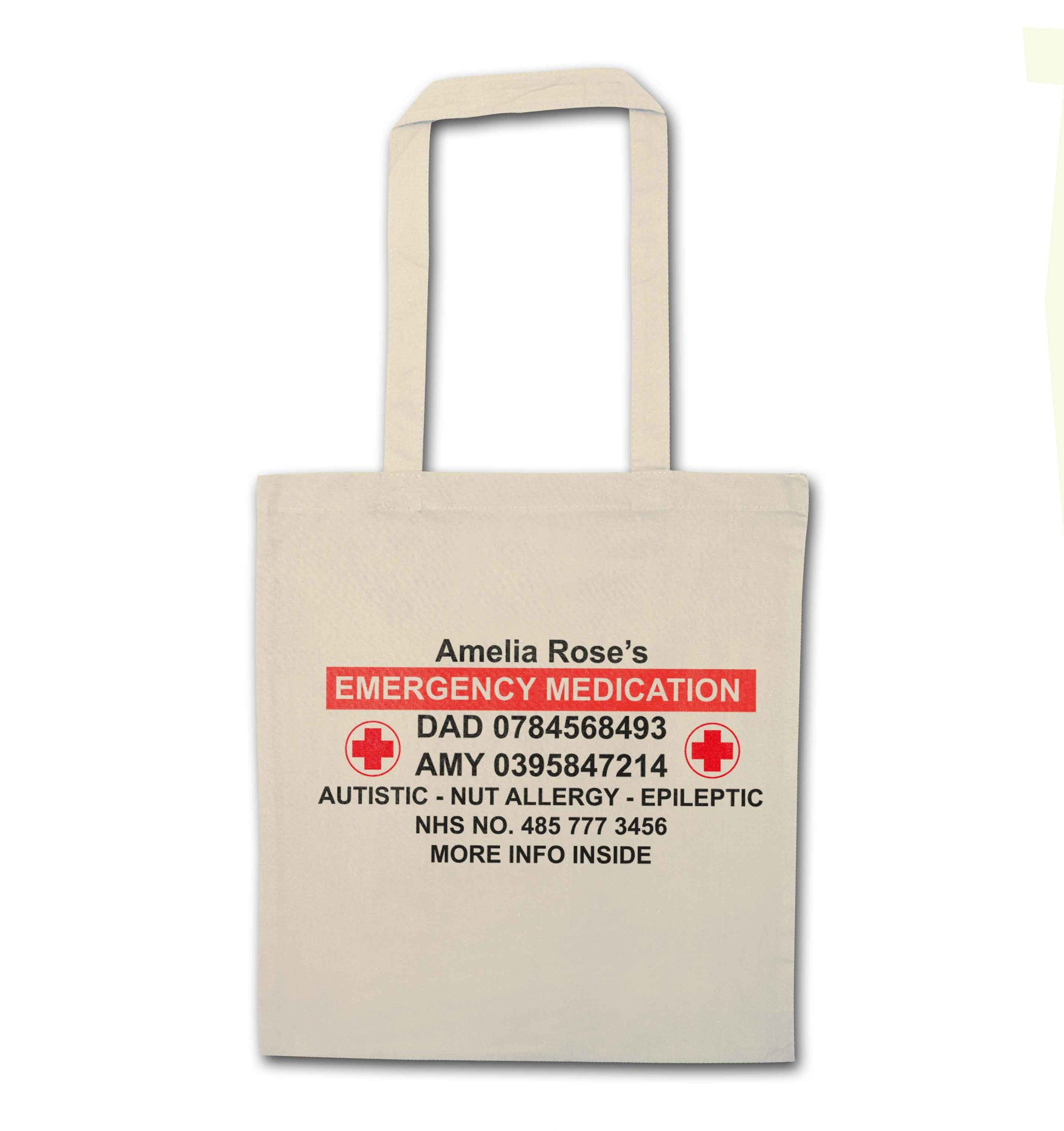 Personalised emergency medication bag natural tote bag