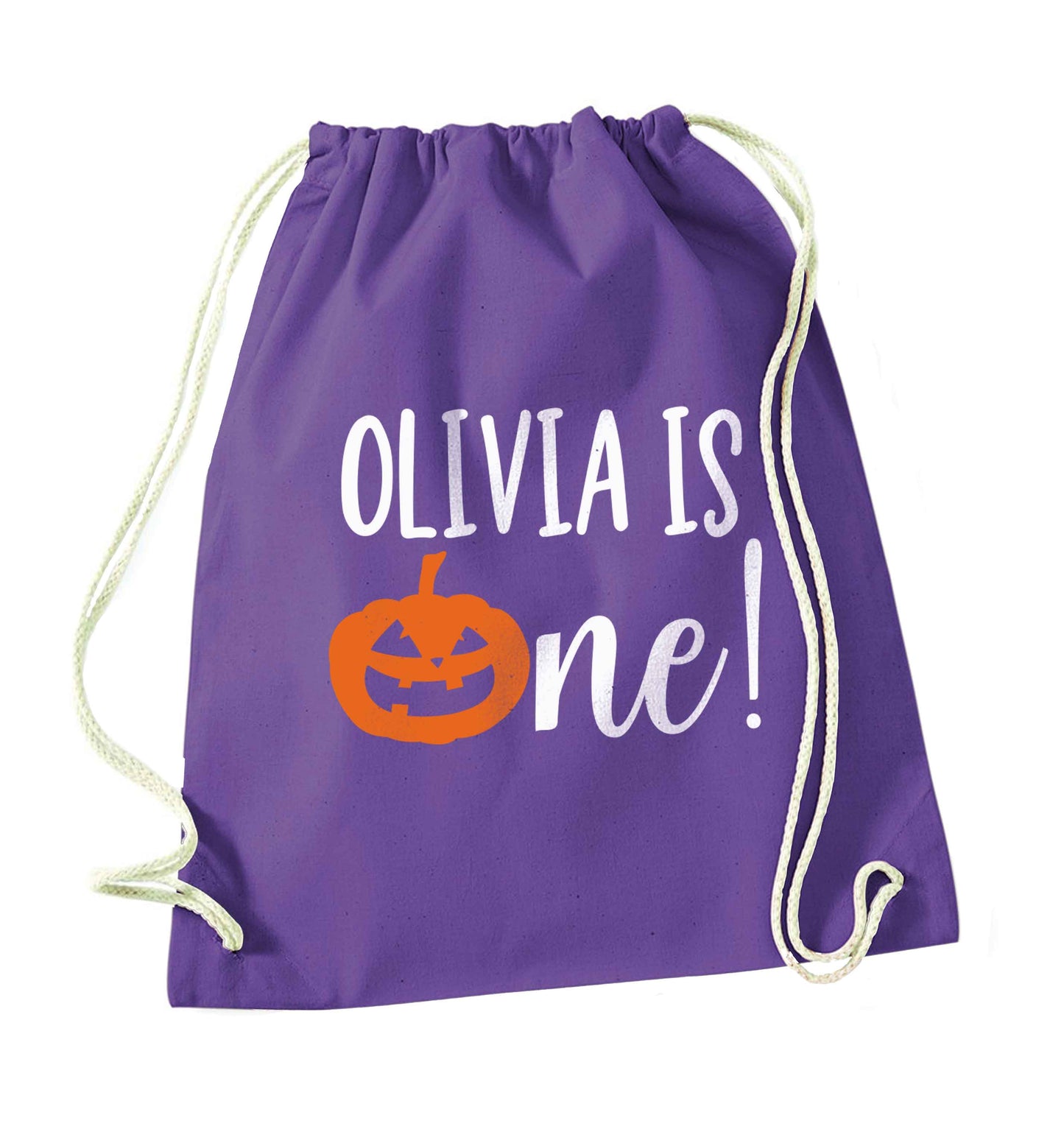 Personalised is turning one purple drawstring bag