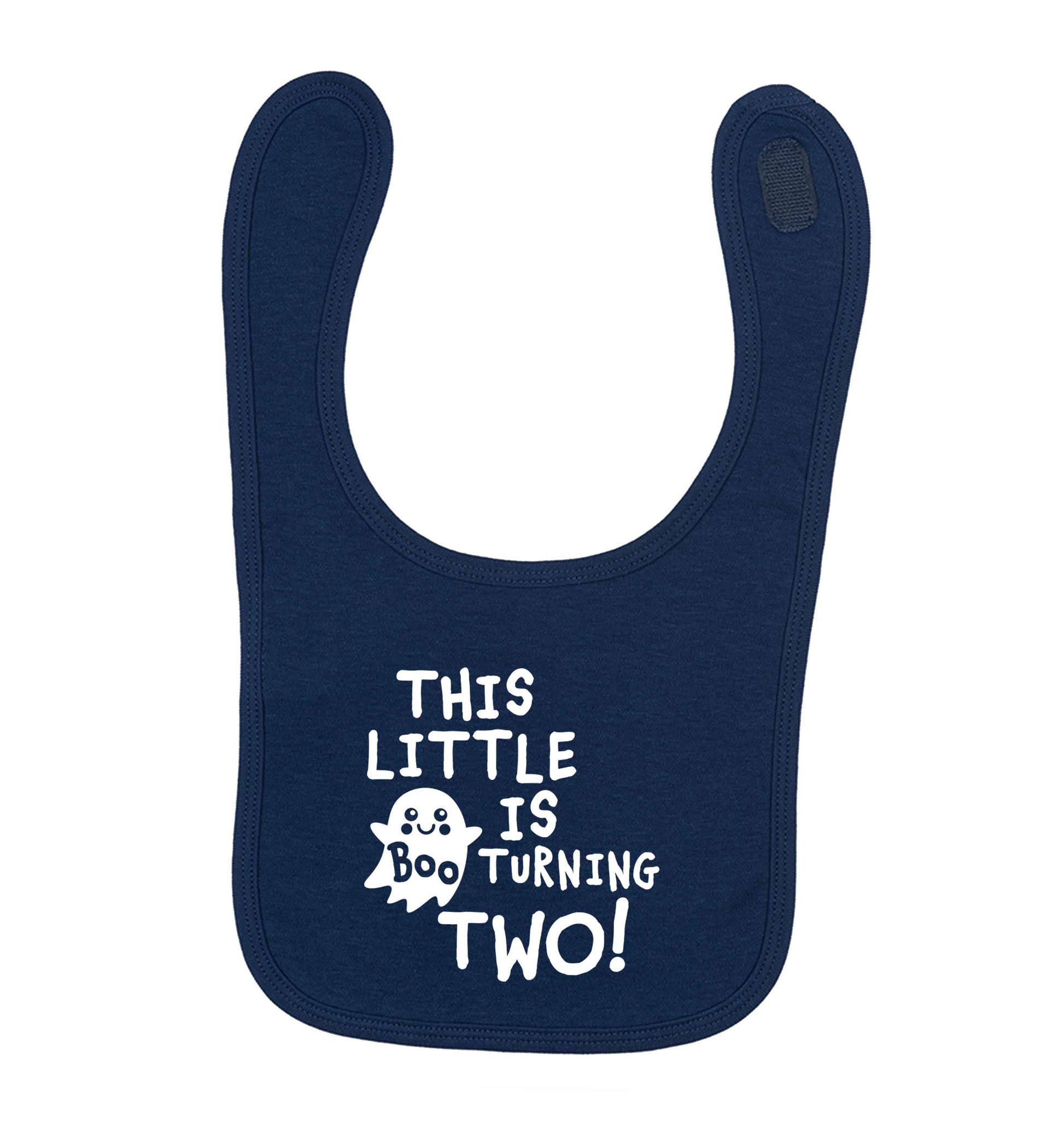 This little boo is turning two navy baby bib