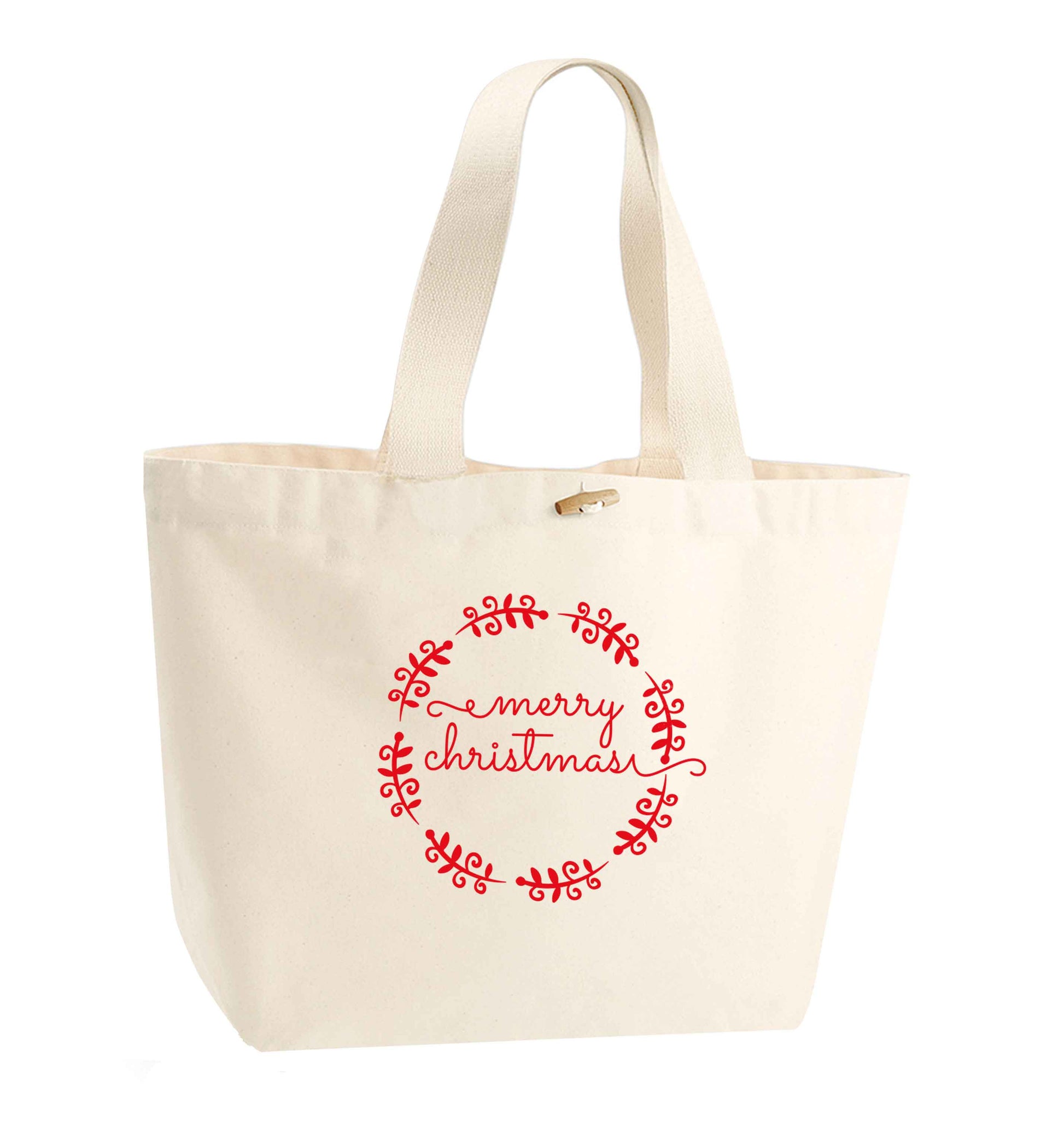 Merry christmas organic cotton premium tote bag with wooden toggle in natural