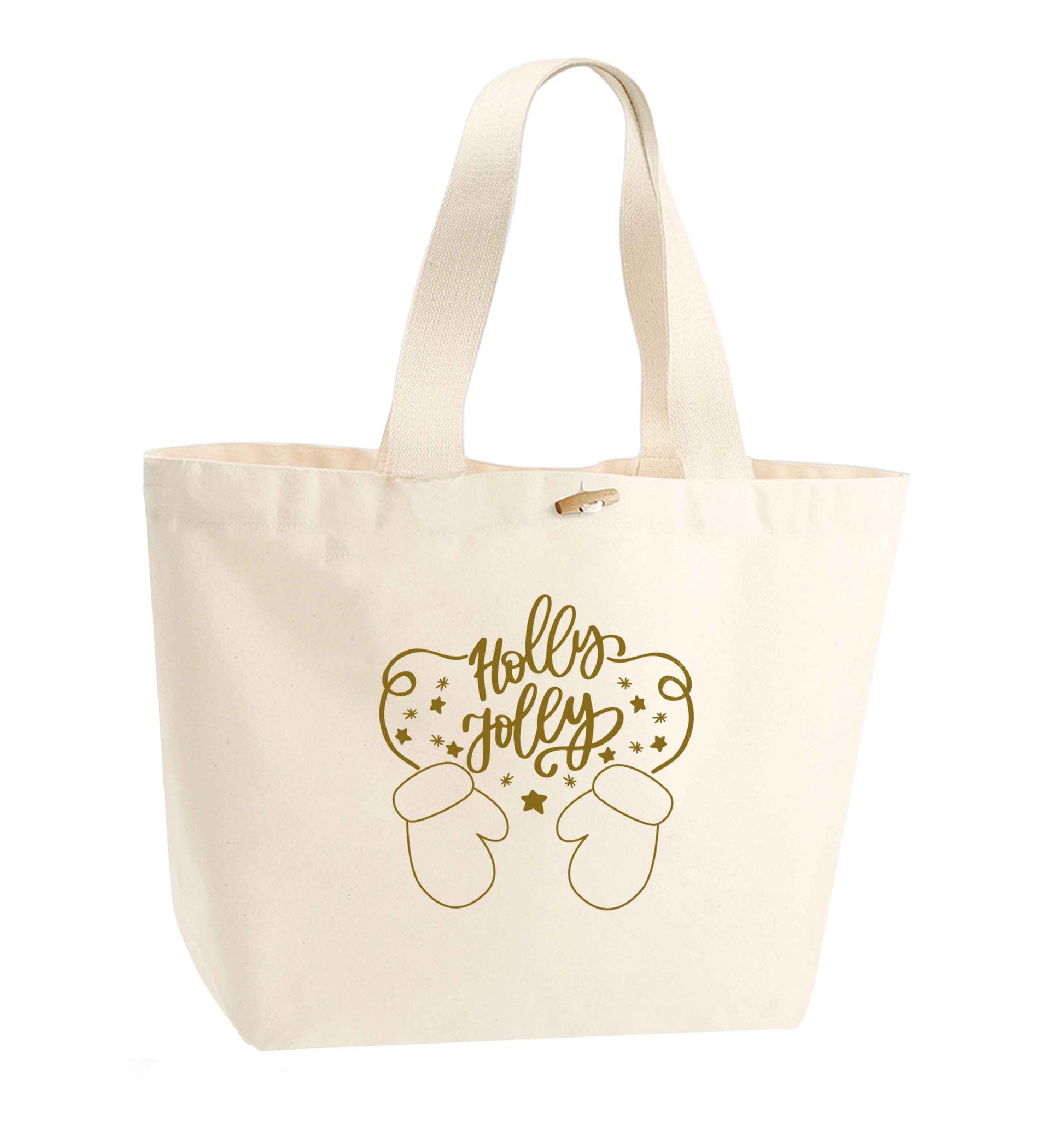 Holly jolly organic cotton premium tote bag with wooden toggle in natural