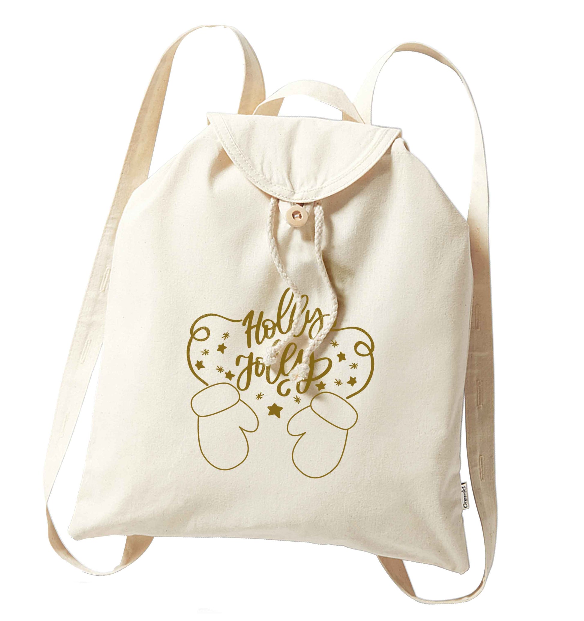 Holly jolly organic cotton backpack tote with wooden buttons in natural