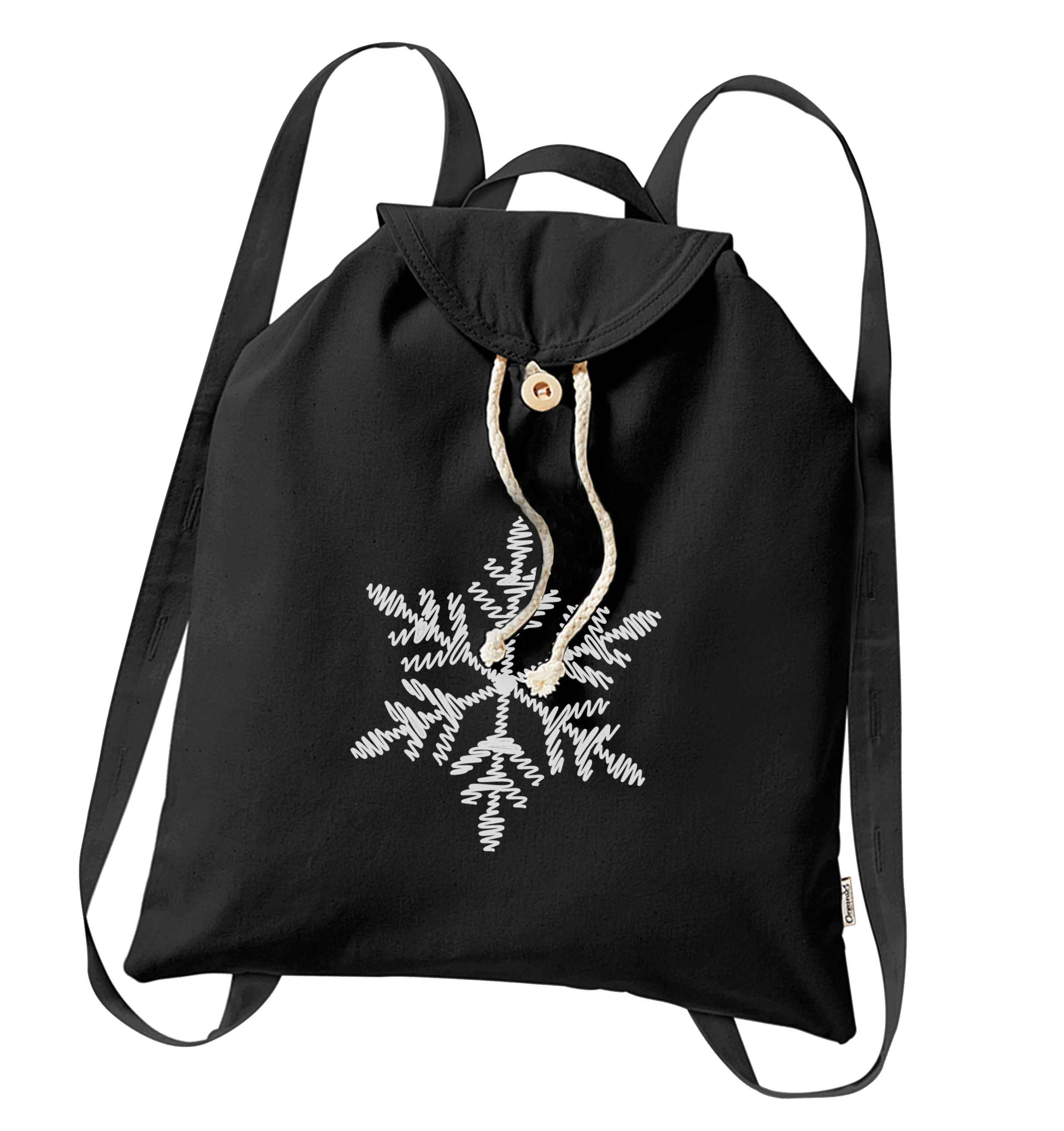 Snowflake organic cotton backpack tote with wooden buttons in black