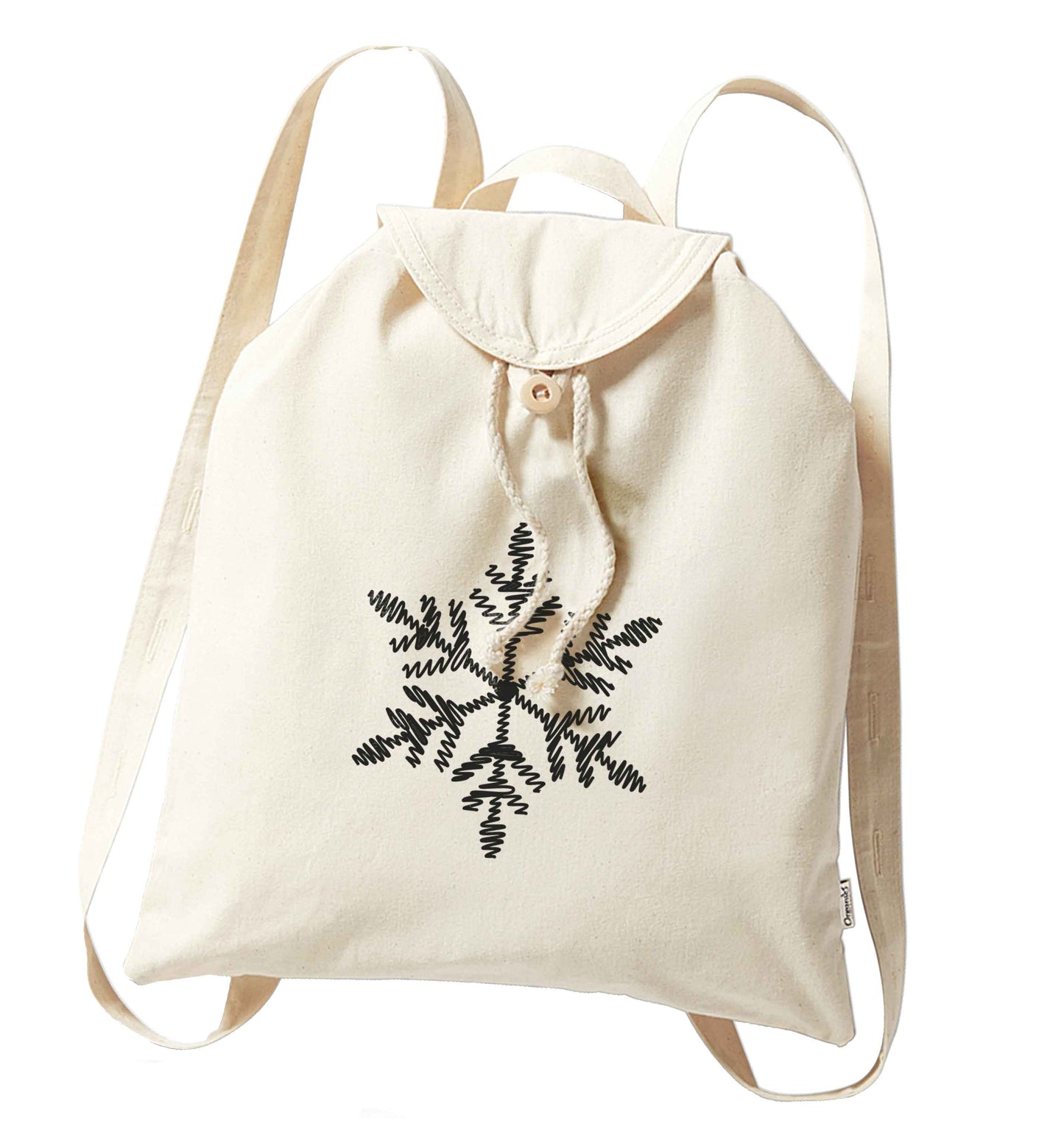 Snowflake organic cotton backpack tote with wooden buttons in natural