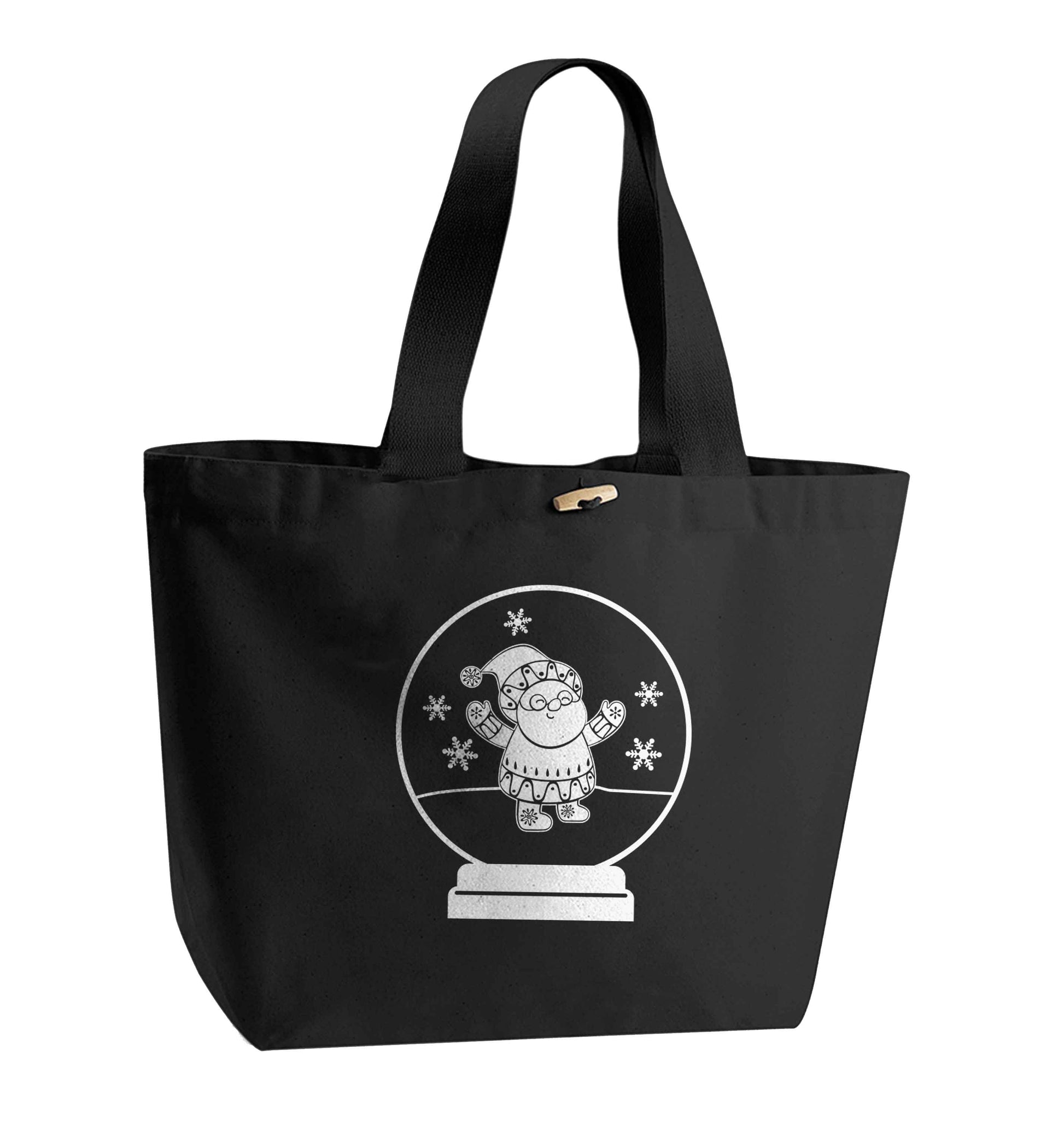 Santa snowglobe organic cotton premium tote bag with wooden toggle in black