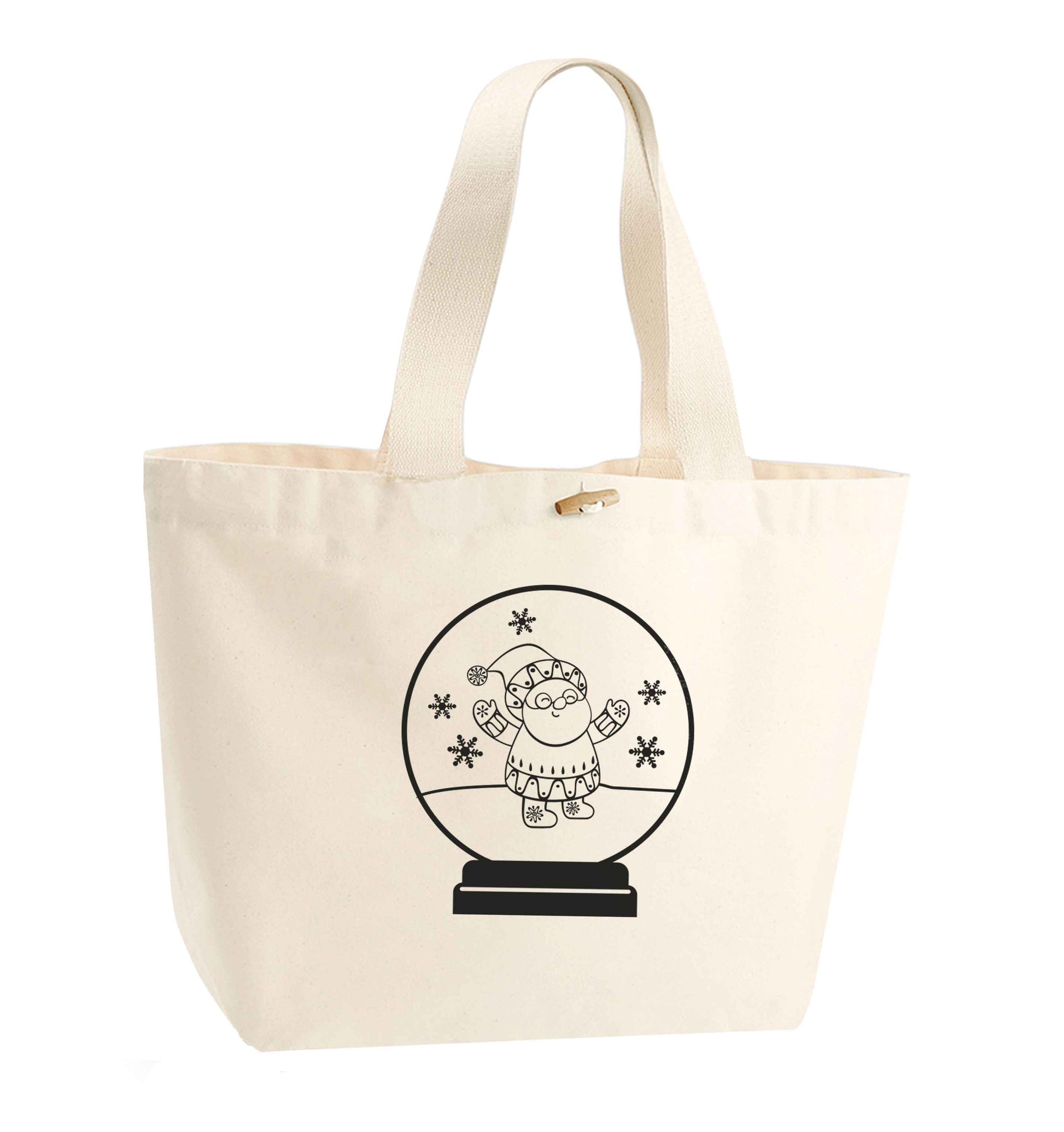 Santa snowglobe organic cotton premium tote bag with wooden toggle in natural