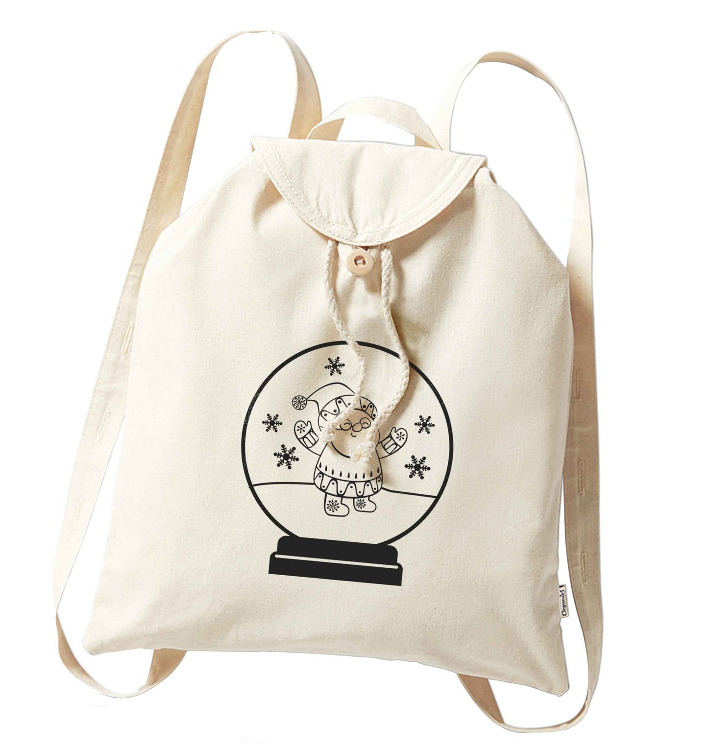 Santa snowglobe organic cotton backpack tote with wooden buttons in natural