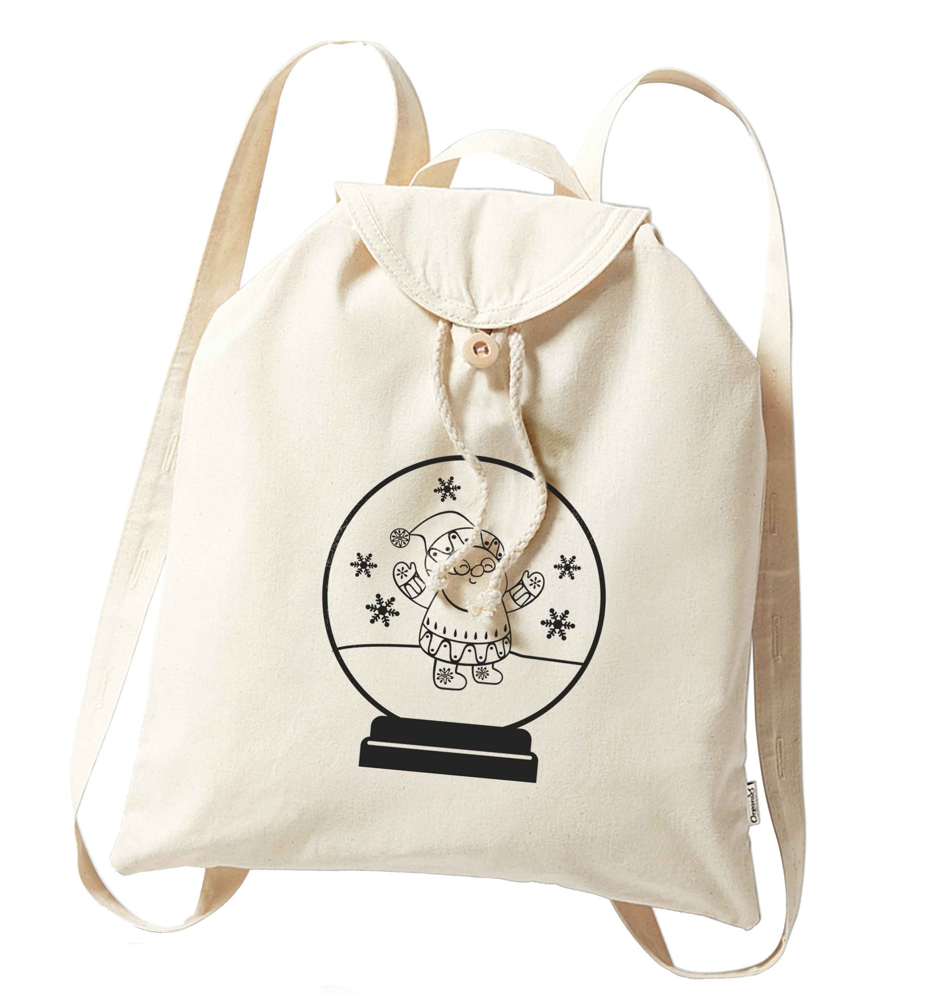 Santa snowglobe organic cotton backpack tote with wooden buttons in natural