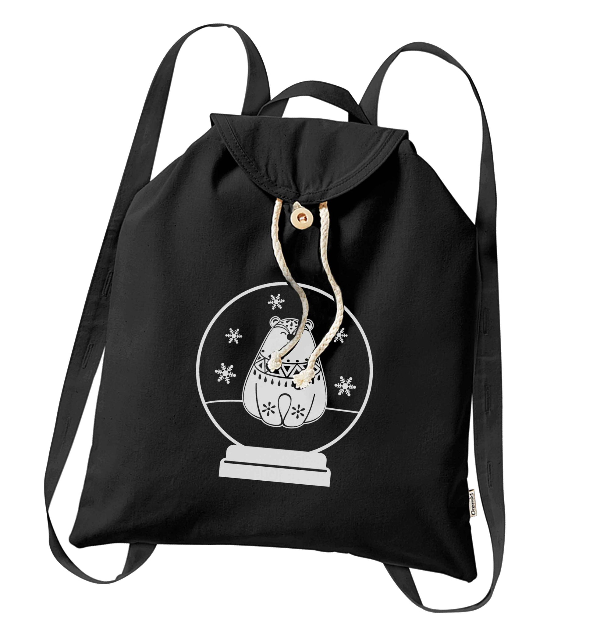 Polar Bear Snowglobe organic cotton backpack tote with wooden buttons in black