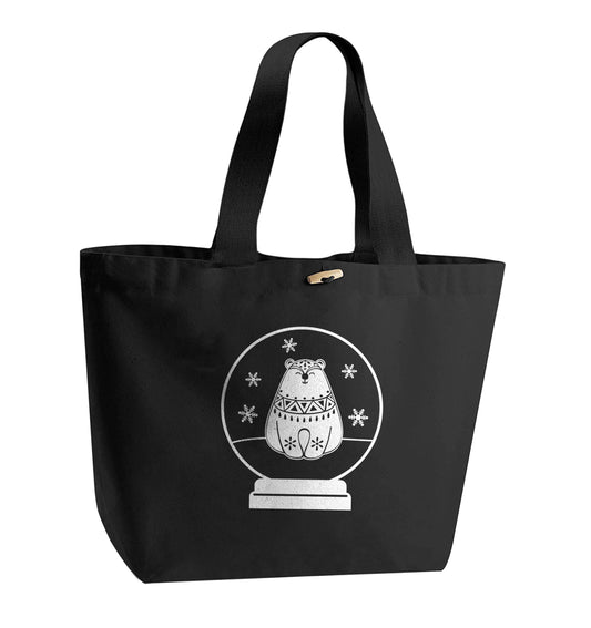 Polar Bear Snowglobe organic cotton premium tote bag with wooden toggle in black