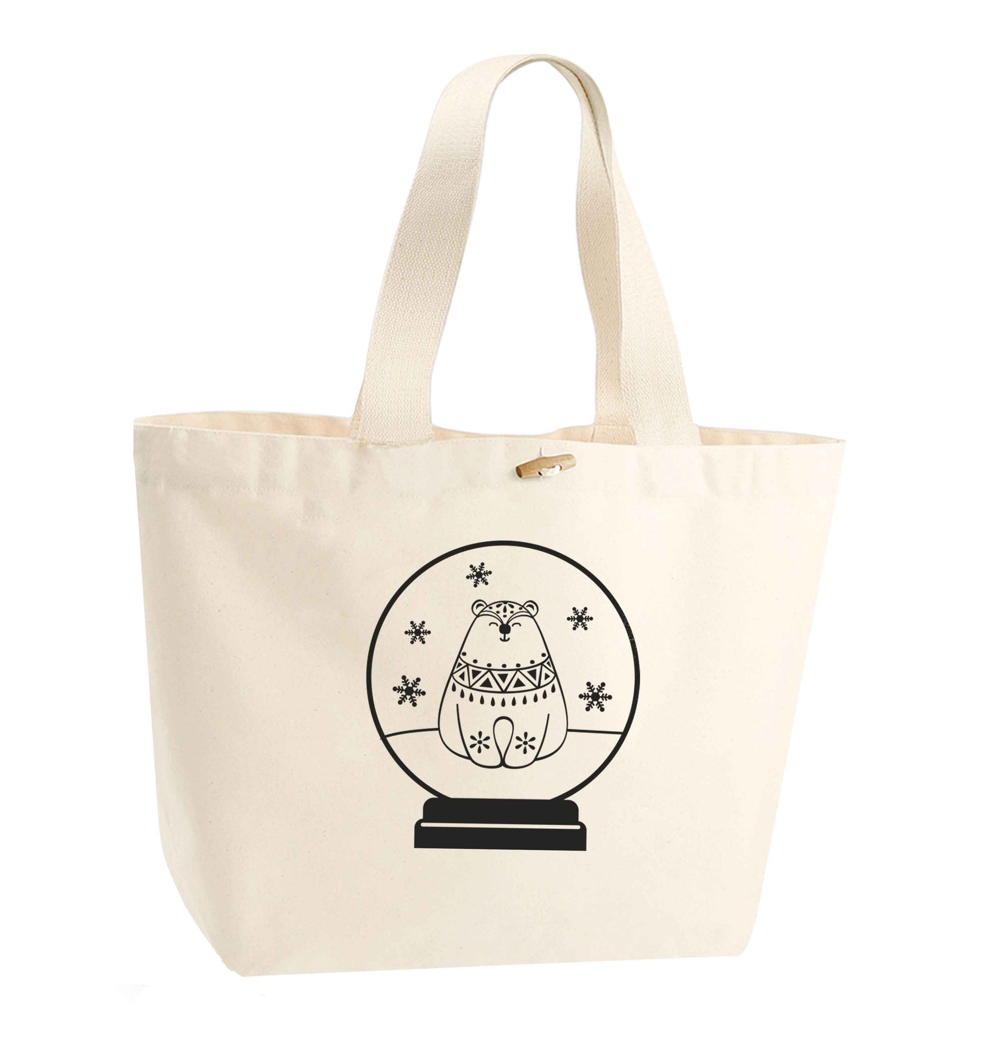 Polar Bear Snowglobe organic cotton premium tote bag with wooden toggle in natural