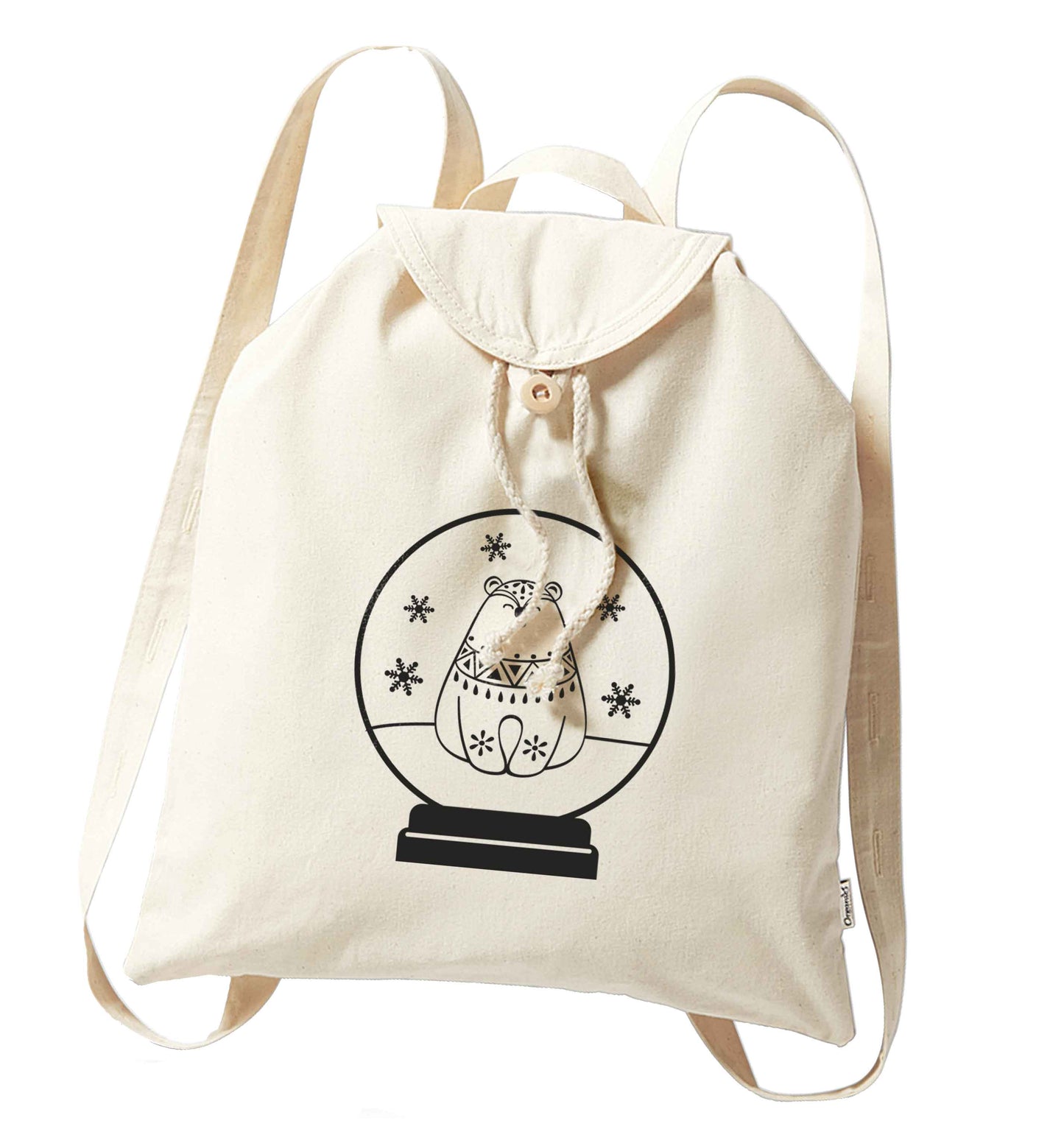 Polar Bear Snowglobe organic cotton backpack tote with wooden buttons in natural