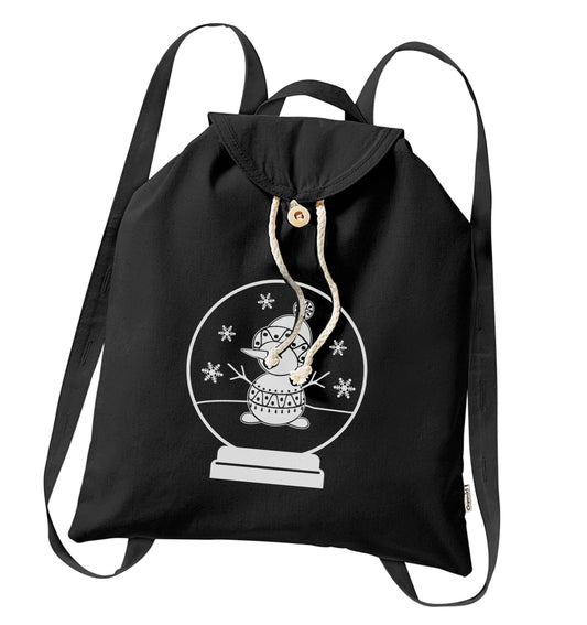 Snowman Snowglobe organic cotton backpack tote with wooden buttons in black