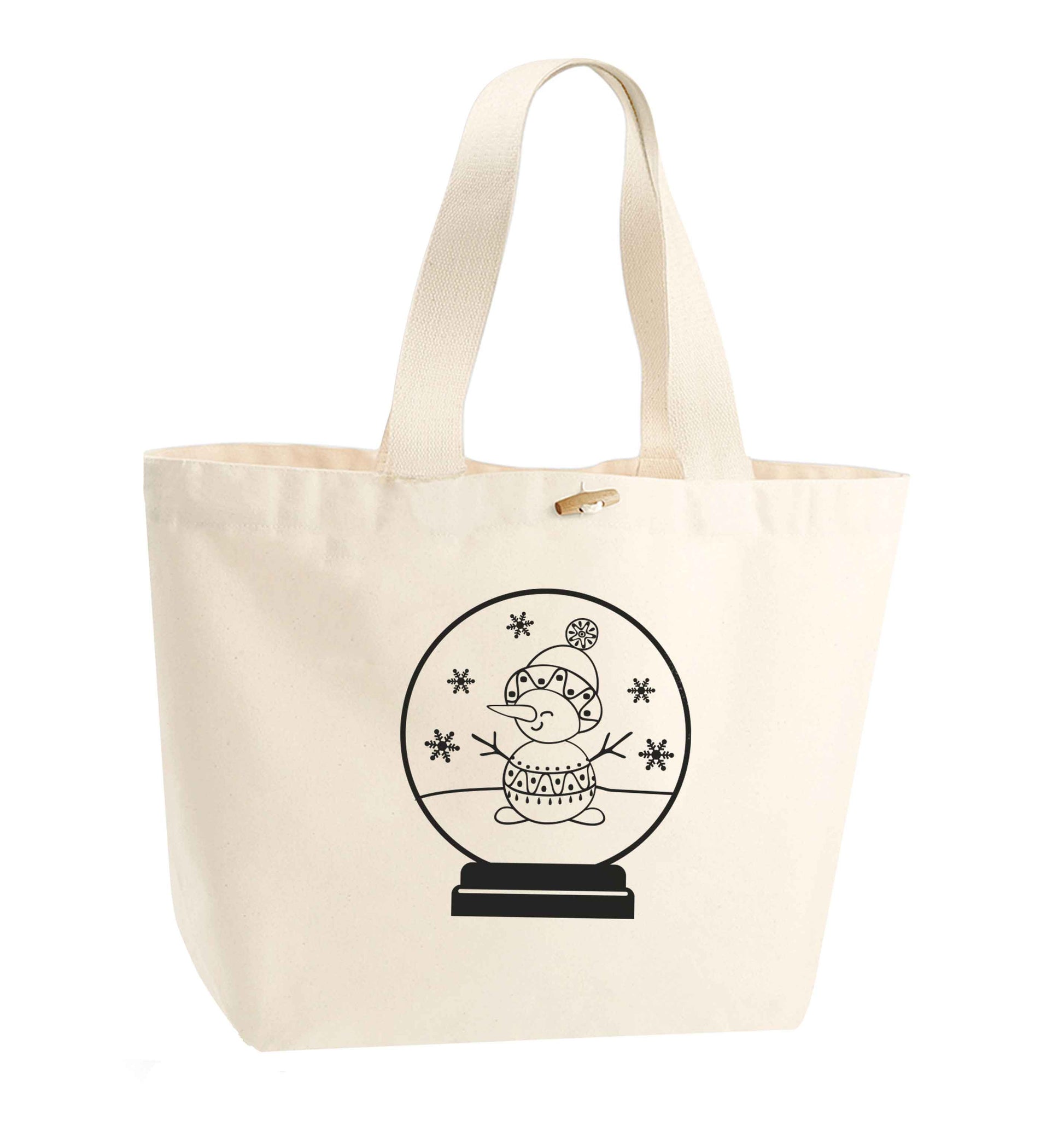 Snowman Snowglobe organic cotton premium tote bag with wooden toggle in natural