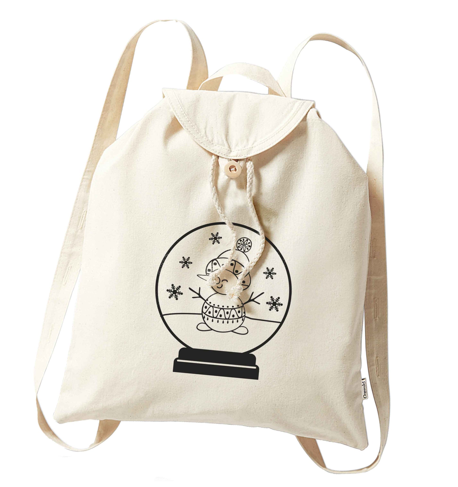 Snowman Snowglobe organic cotton backpack tote with wooden buttons in natural