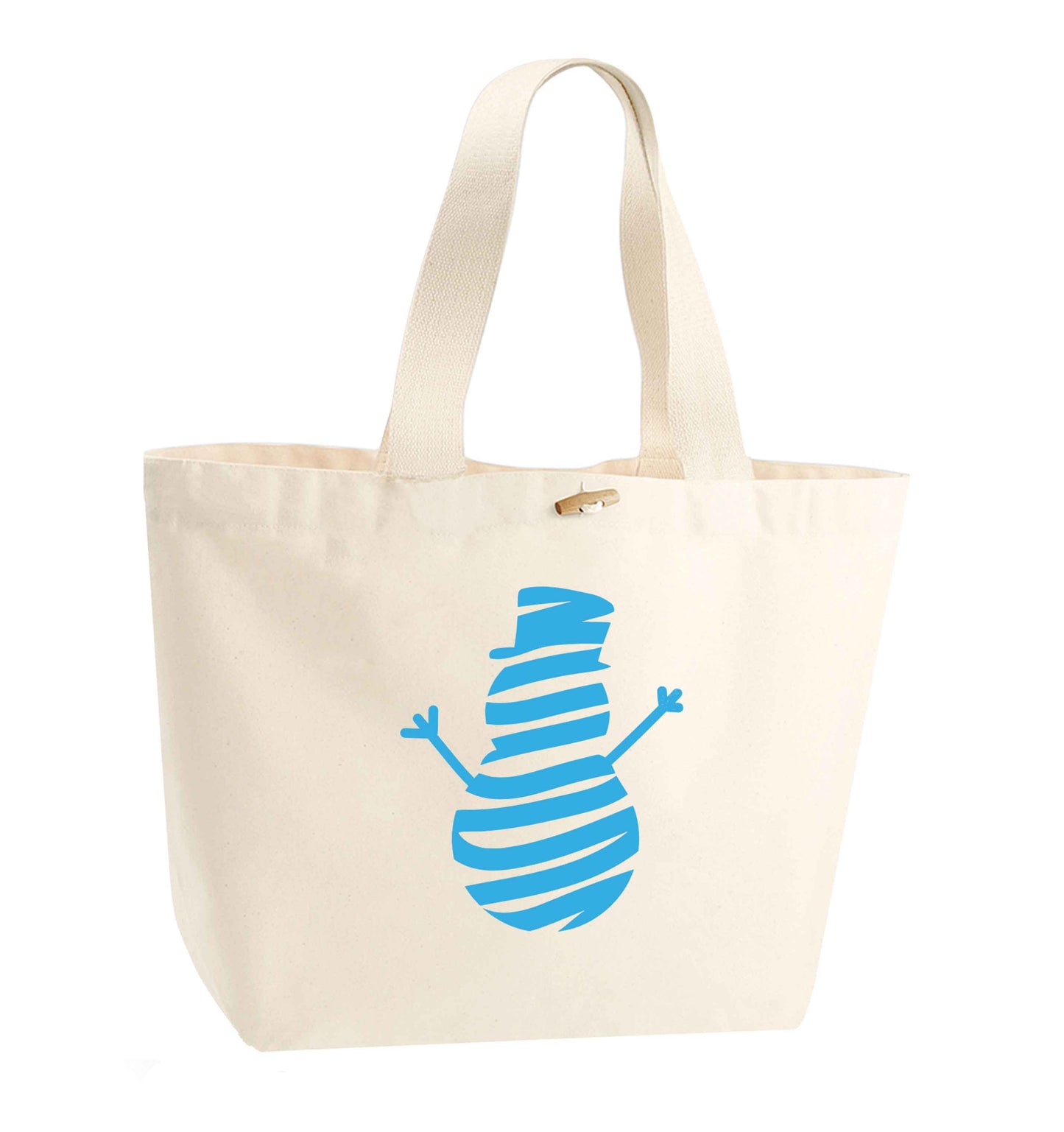 Snowman Snowglobe organic cotton premium tote bag with wooden toggle in natural