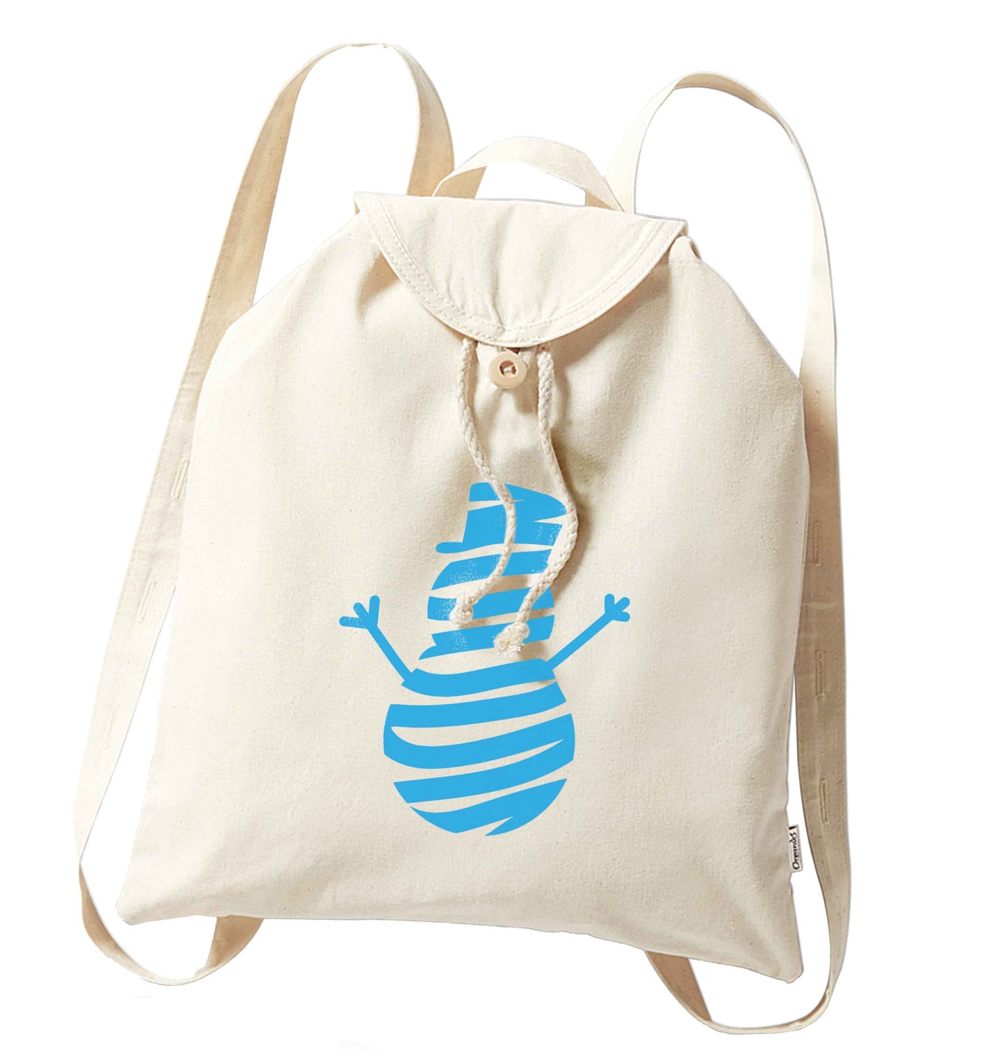 Snowman Snowglobe organic cotton backpack tote with wooden buttons in natural