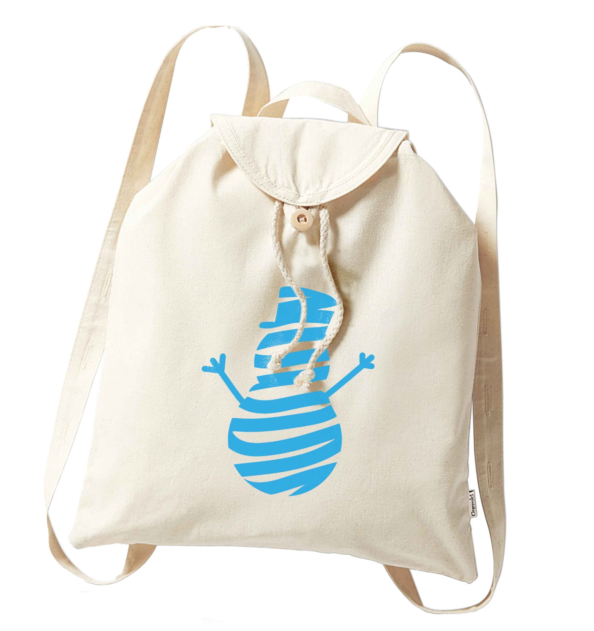 Snowman Snowglobe organic cotton backpack tote with wooden buttons in natural