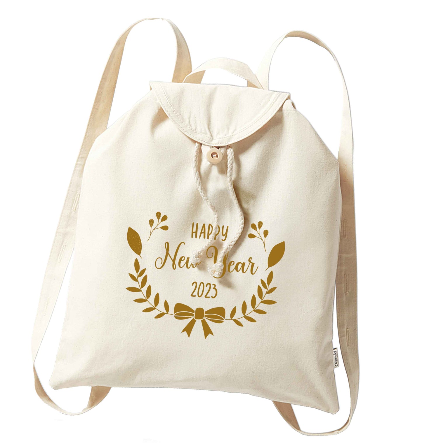 Happy New Year 2023 organic cotton backpack tote with wooden buttons in natural