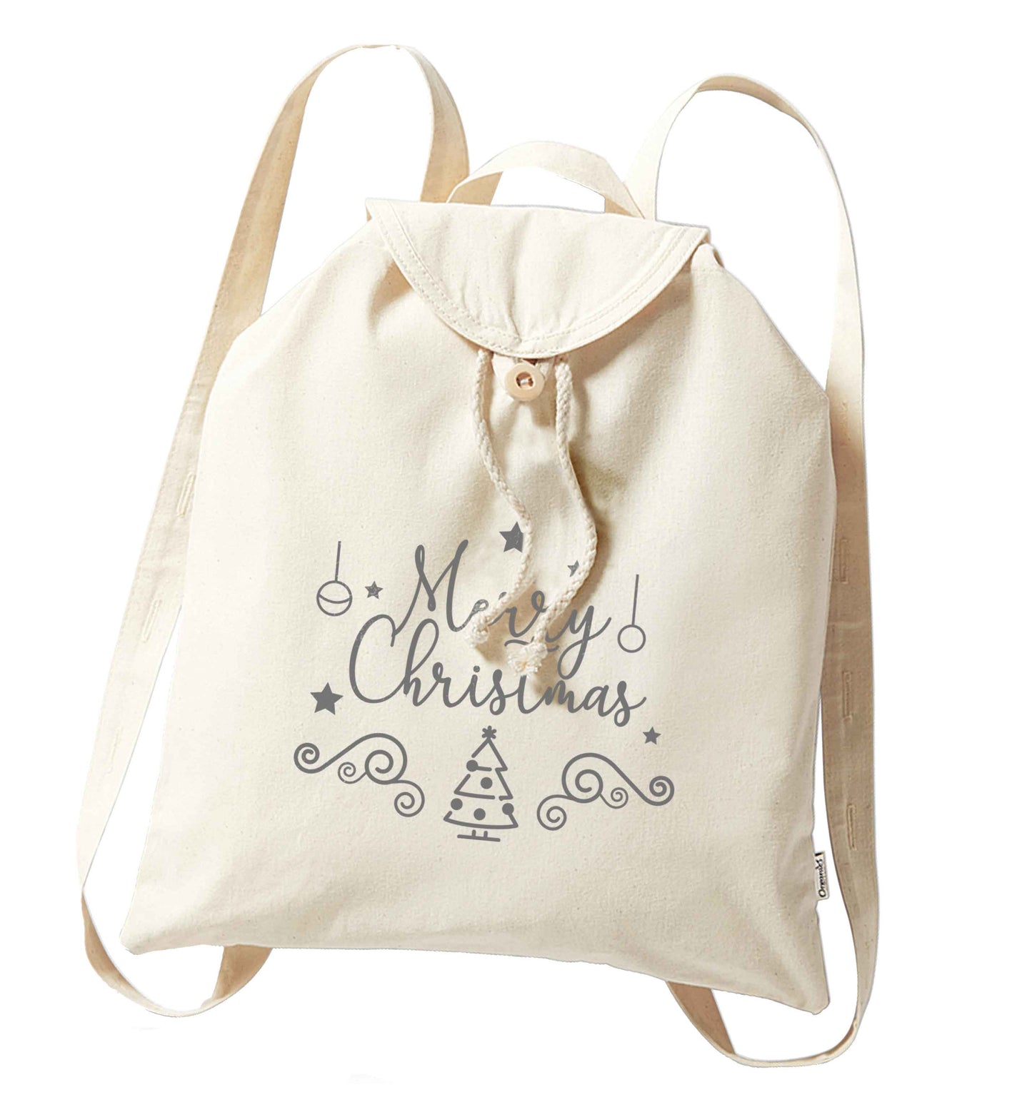 Happy New Year 2023 organic cotton backpack tote with wooden buttons in natural