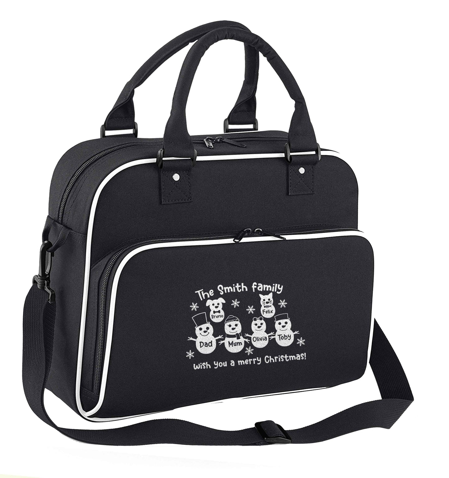 Personalised snowman family mum dad cat dog children's dance bag black with white detail