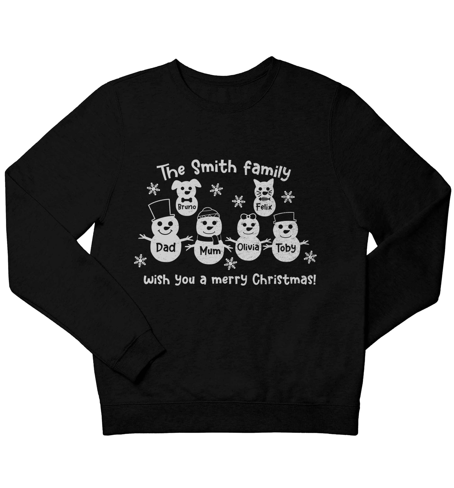 Personalised snowman family mum dad cat dog children's black sweater 12-13 Years