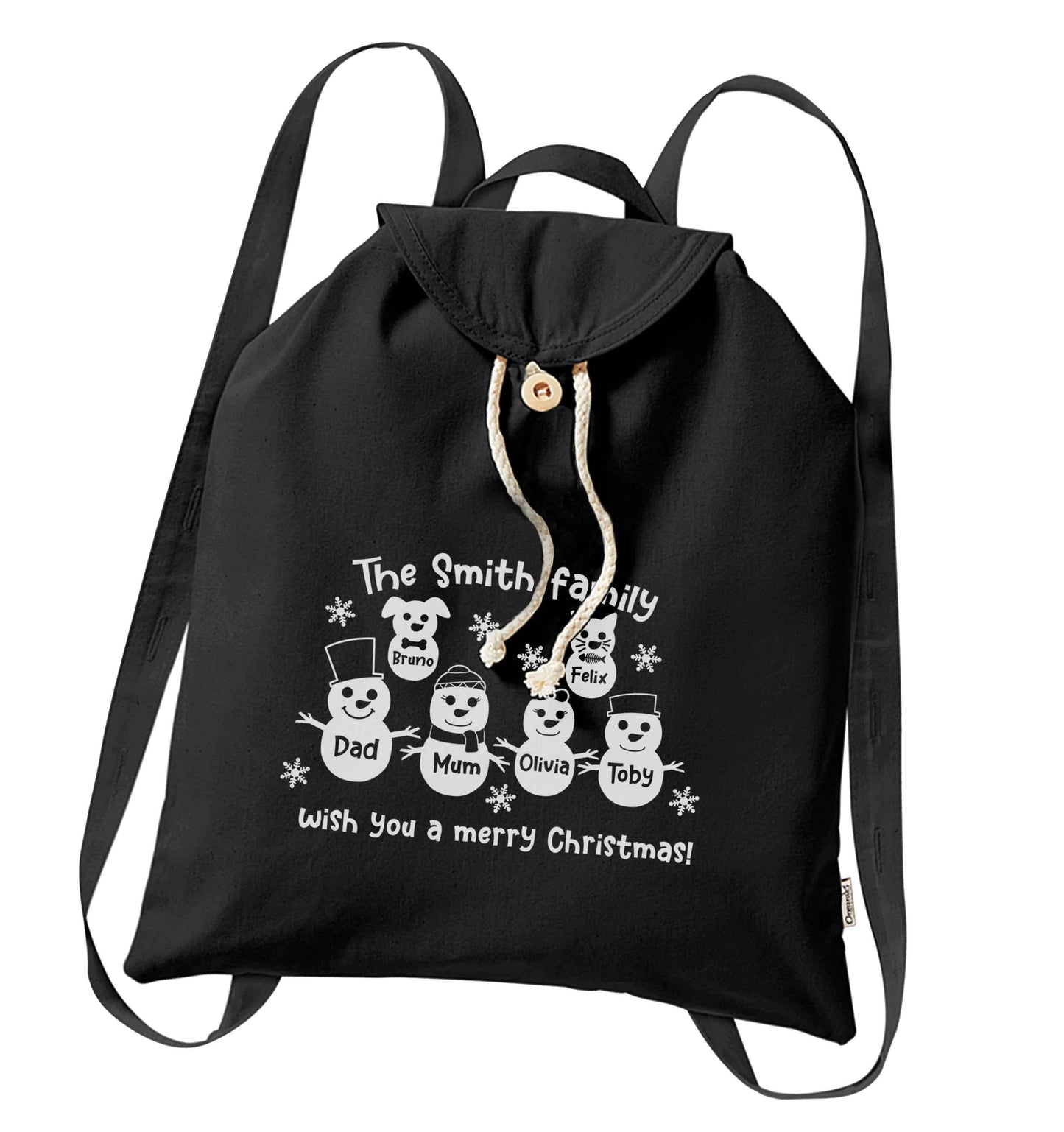 Personalised snowman family mum dad cat dog organic cotton backpack tote with wooden buttons in black