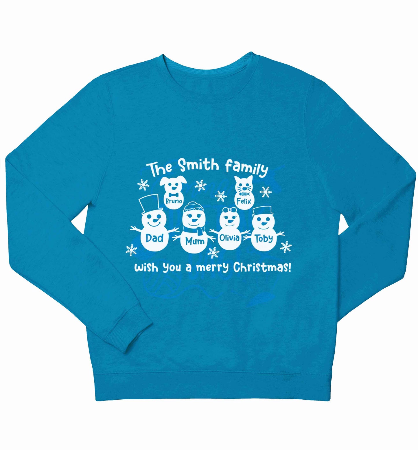 Personalised snowman family mum dad cat dog children's blue sweater 12-13 Years