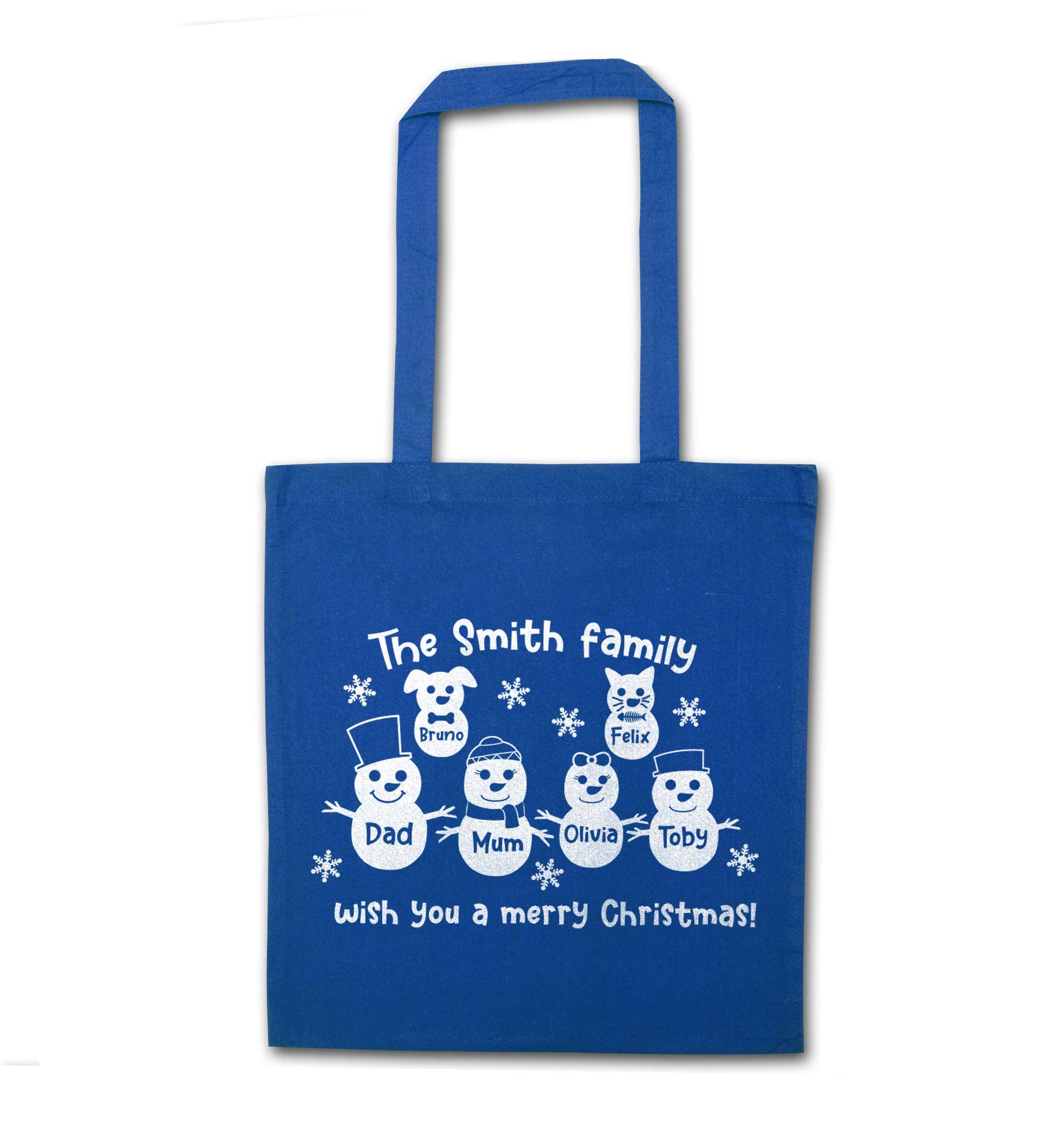 Personalised snowman family mum dad cat dog blue tote bag