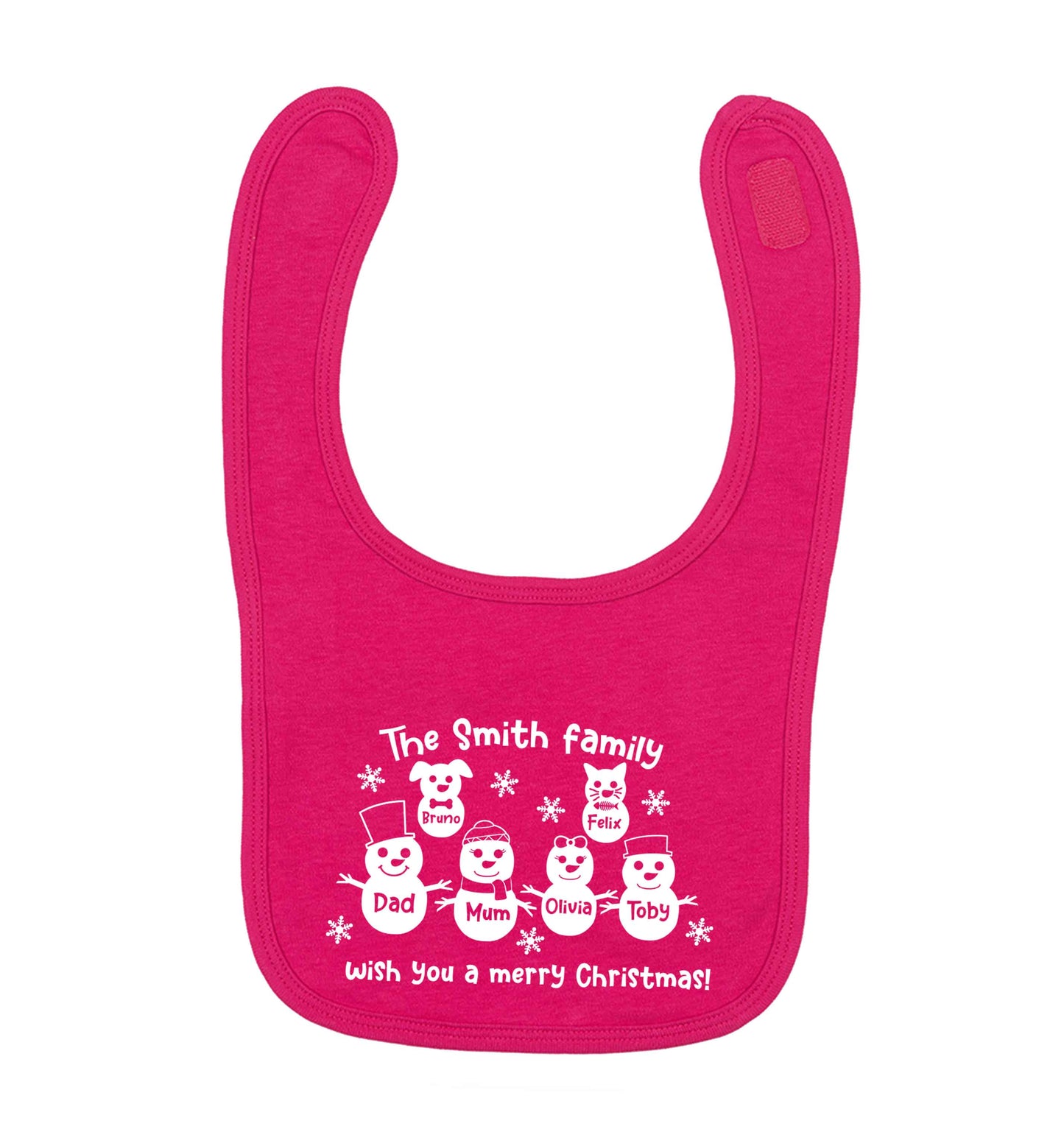 Personalised snowman family mum dad cat dog dark pink baby bib