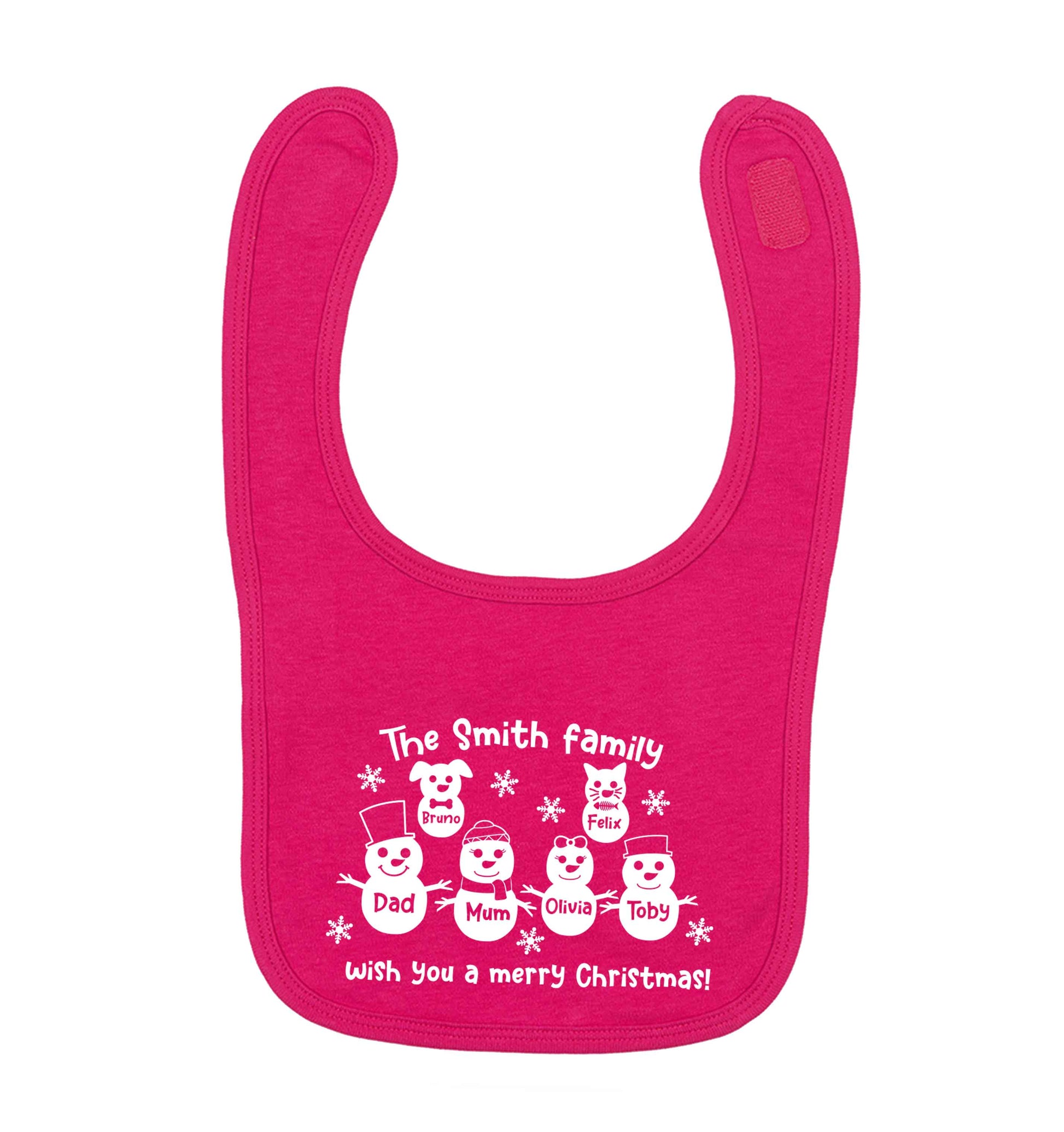 Personalised snowman family mum dad cat dog dark pink baby bib