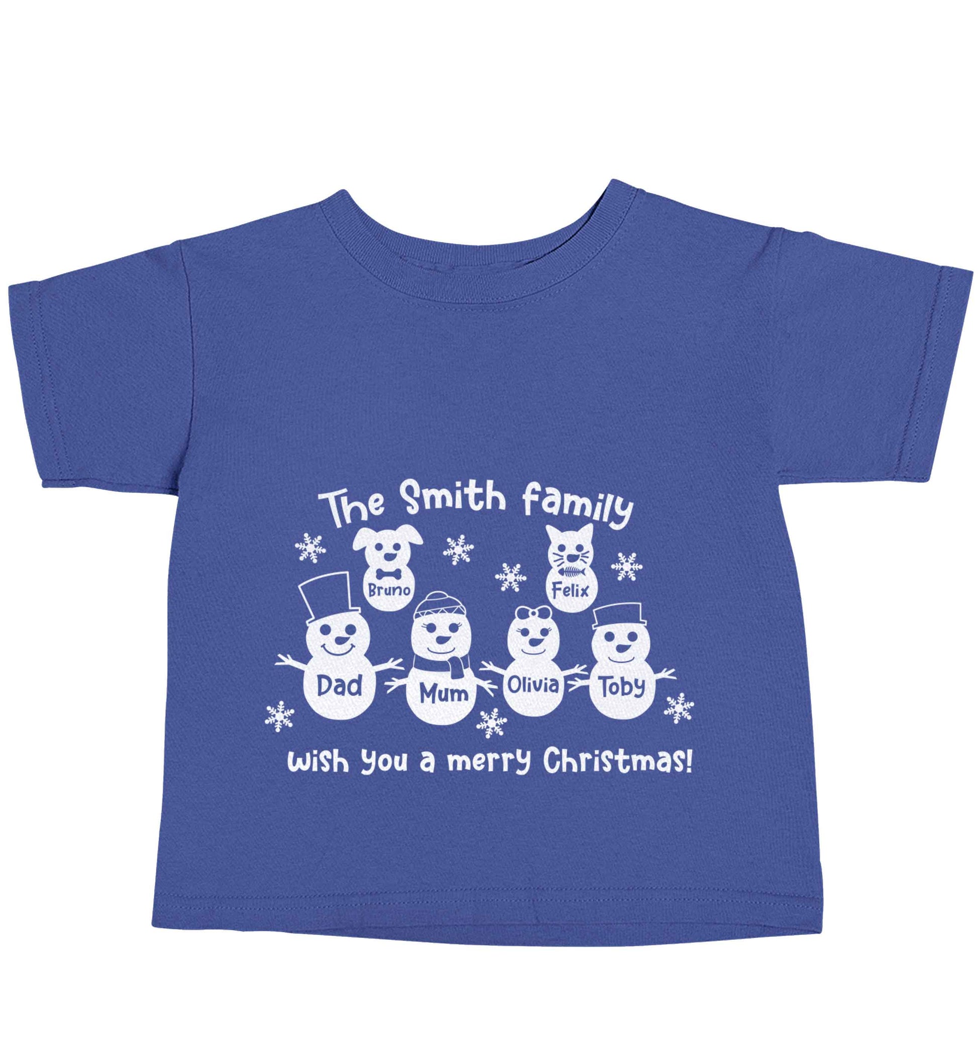 Personalised snowman family mum dad cat dog blue baby toddler Tshirt 2 Years