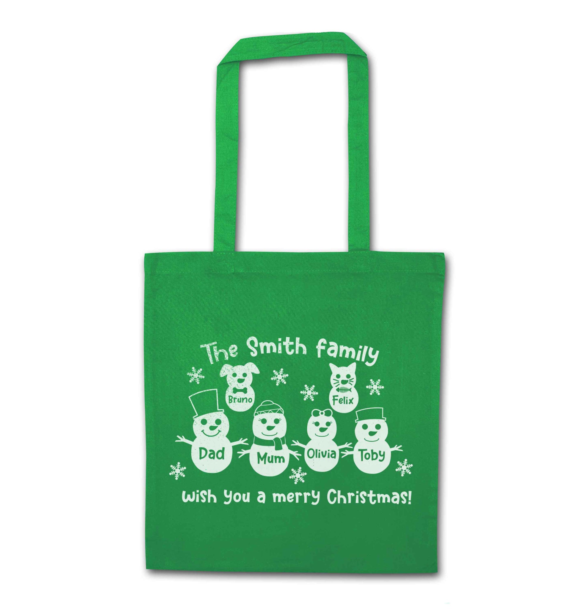 Personalised snowman family mum dad cat dog green tote bag