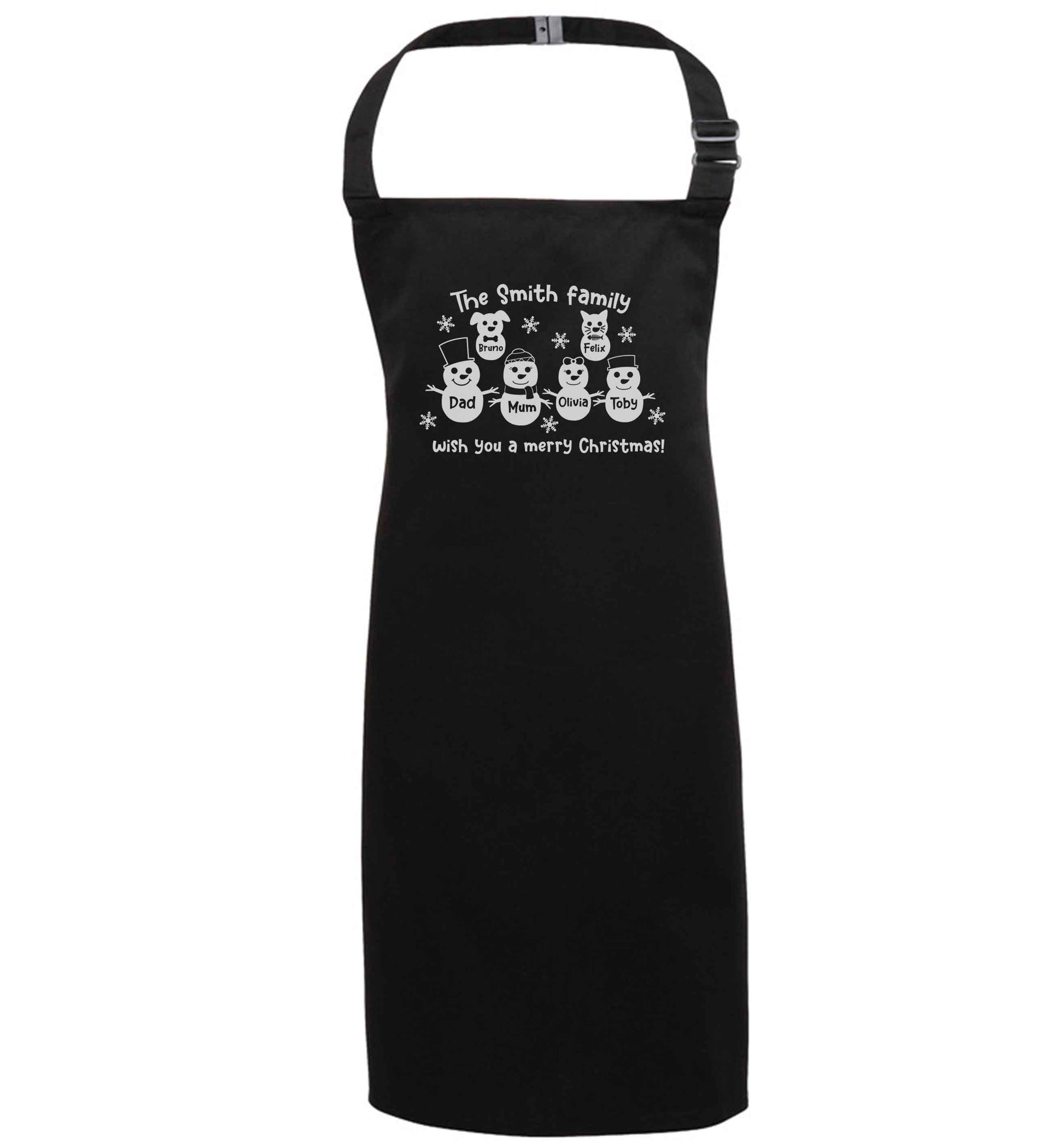 Personalised snowman family mum dad cat dog black apron 7-10 years