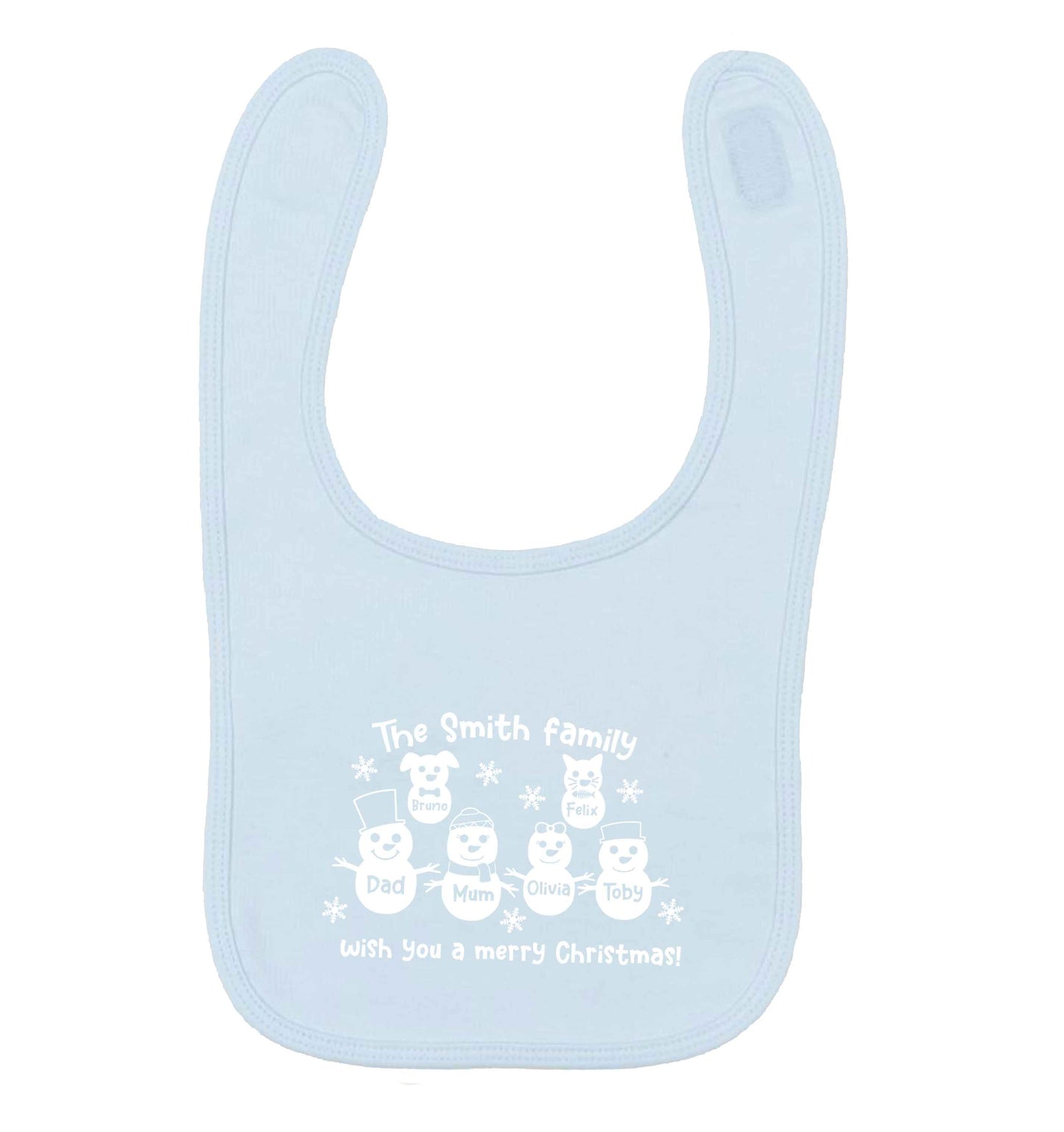 Personalised snowman family mum dad cat dog pale blue baby bib