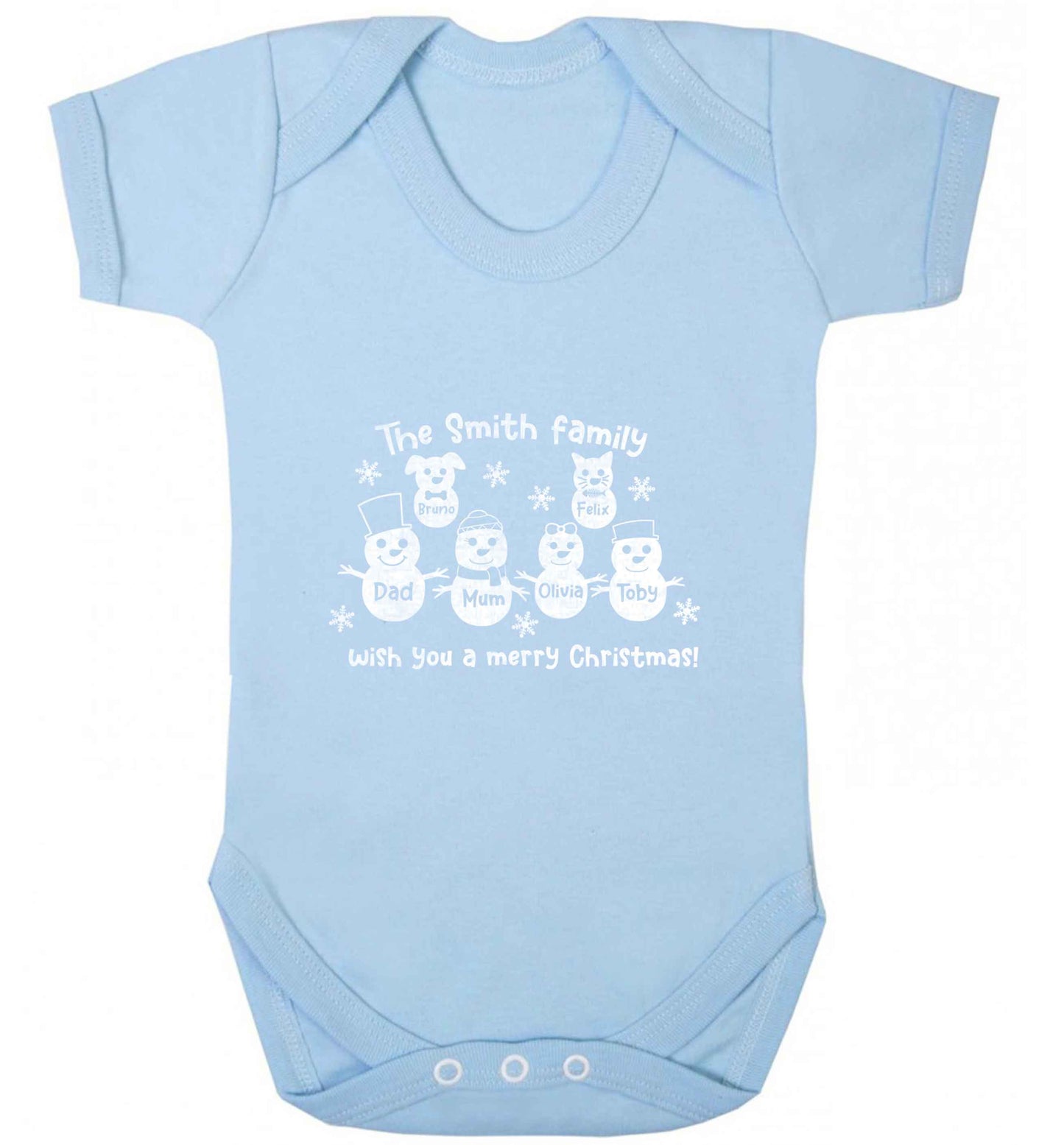 Personalised snowman family mum dad cat dog baby vest pale blue 18-24 months