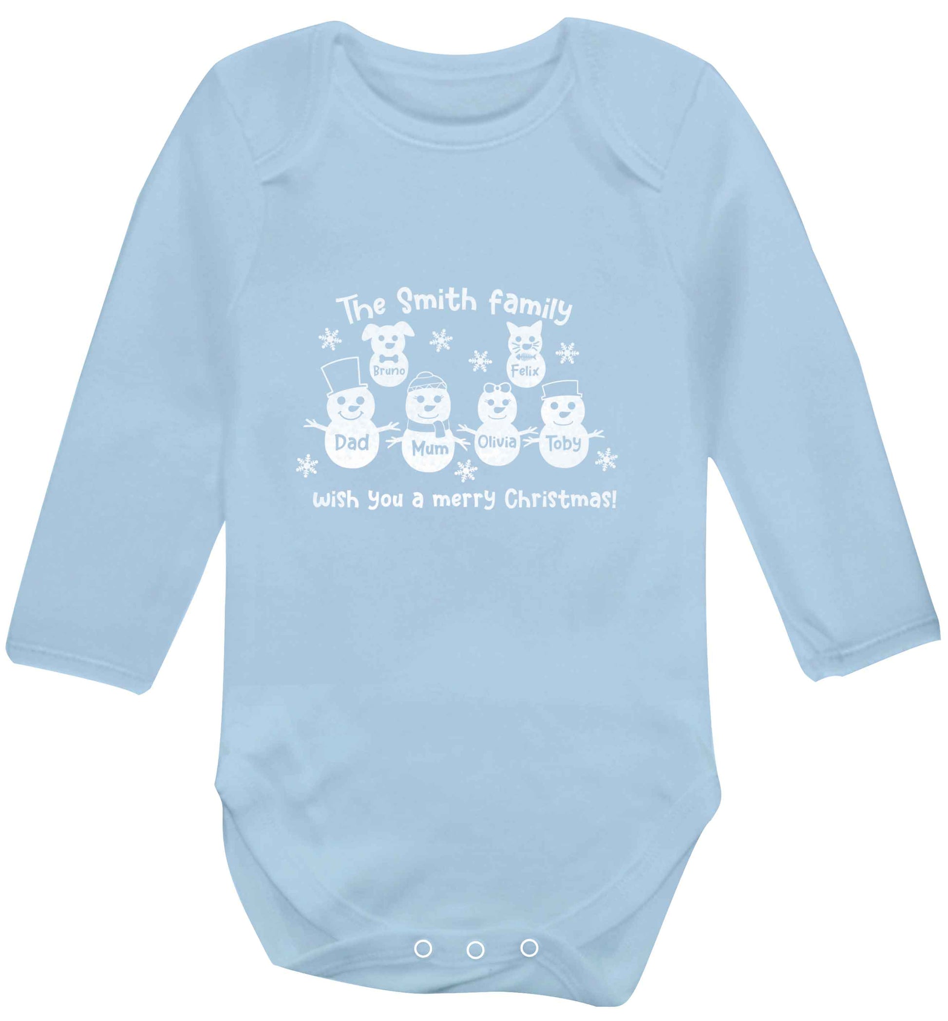 Personalised snowman family mum dad cat dog baby vest long sleeved pale blue 6-12 months