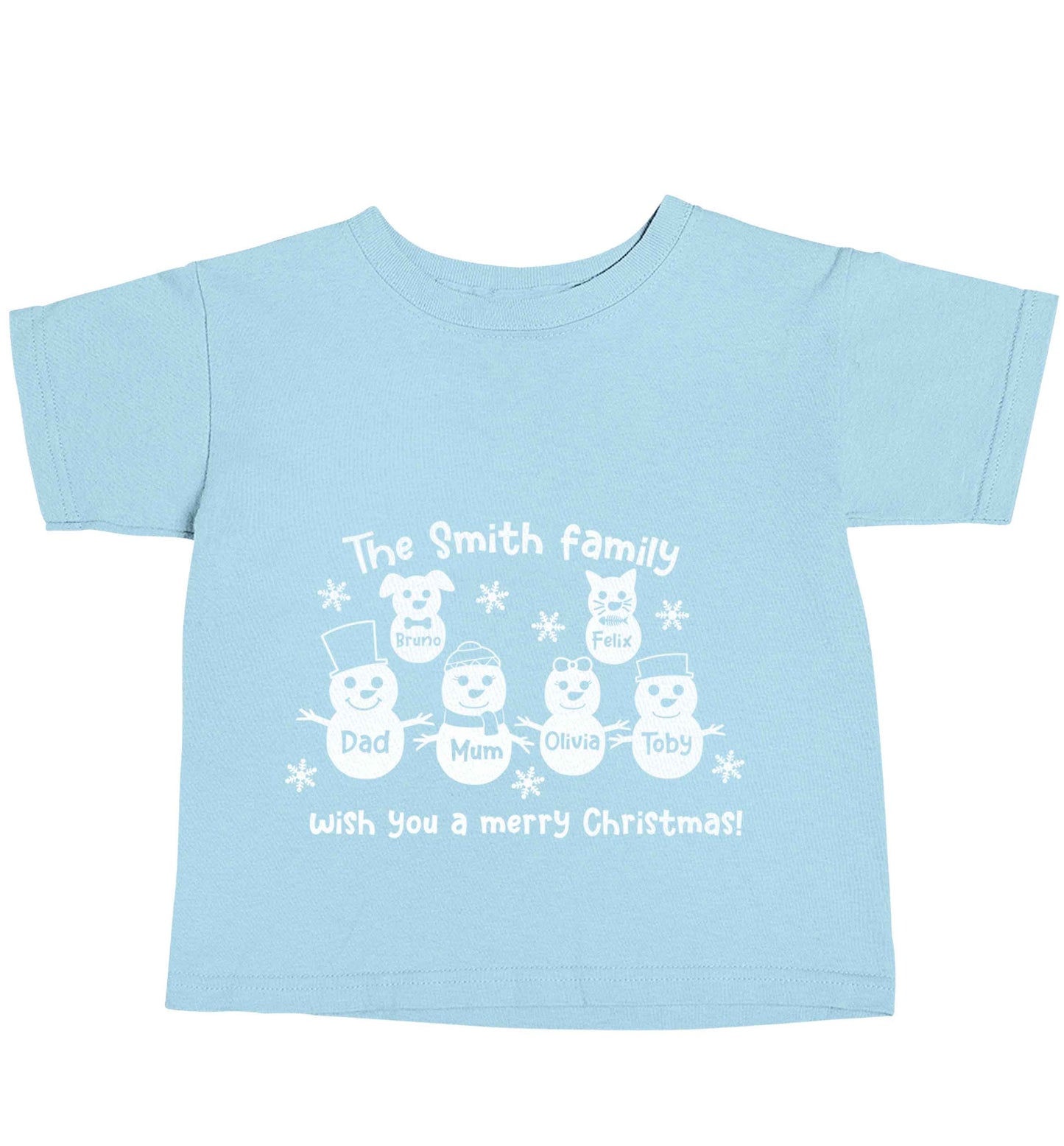 Personalised snowman family mum dad cat dog light blue baby toddler Tshirt 2 Years