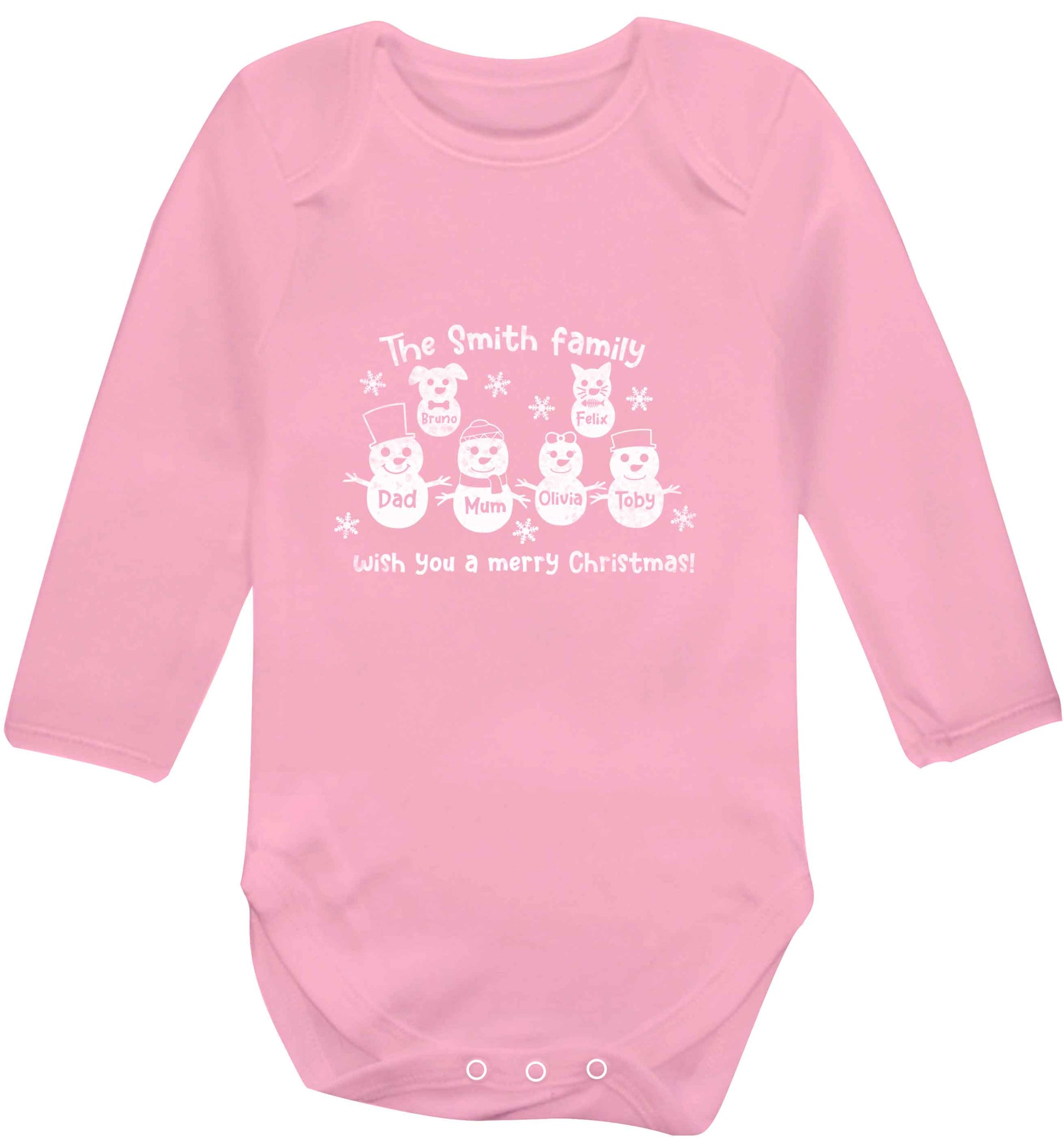 Personalised snowman family mum dad cat dog baby vest long sleeved pale pink 6-12 months