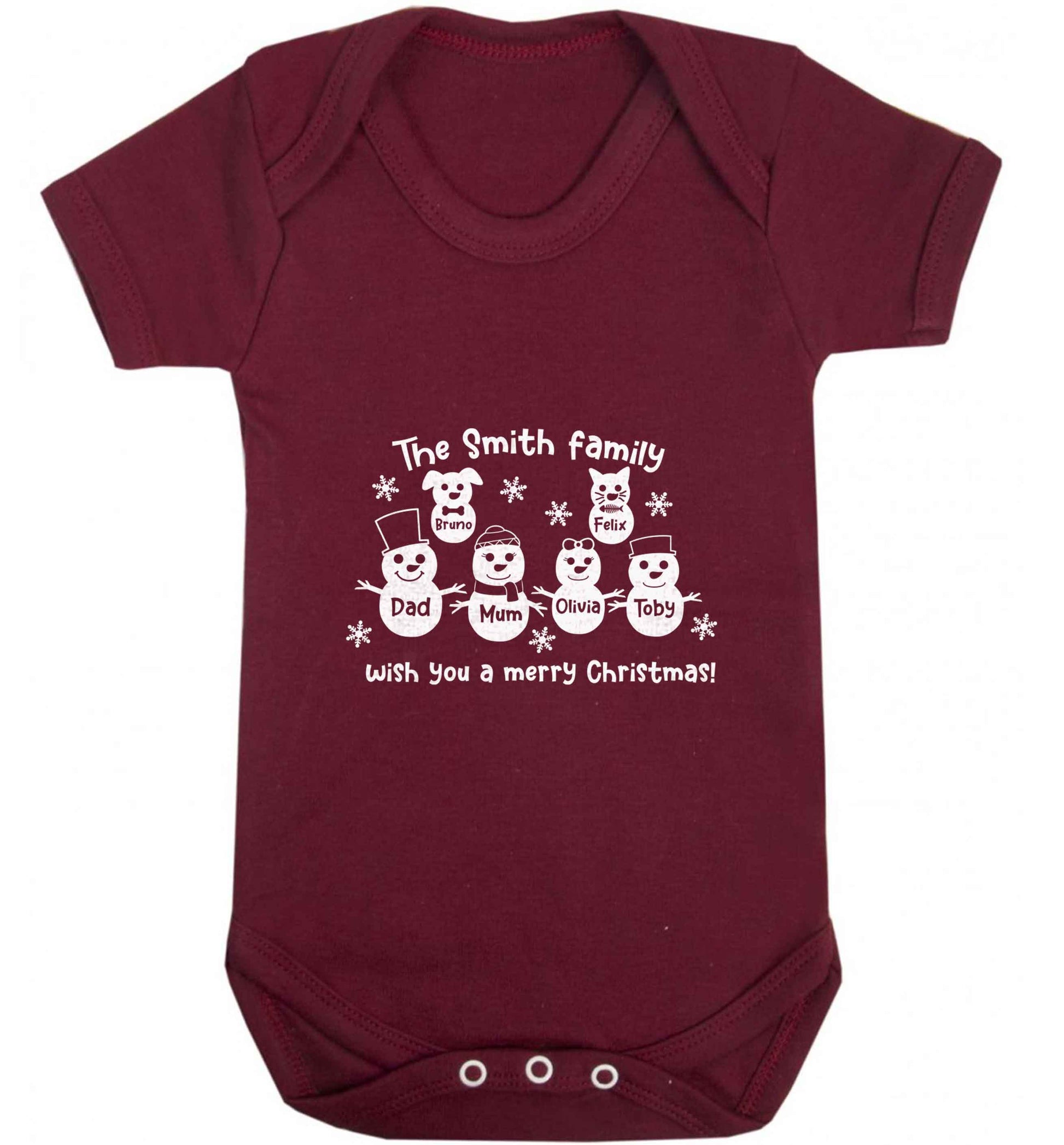 Personalised snowman family mum dad cat dog baby vest maroon 18-24 months